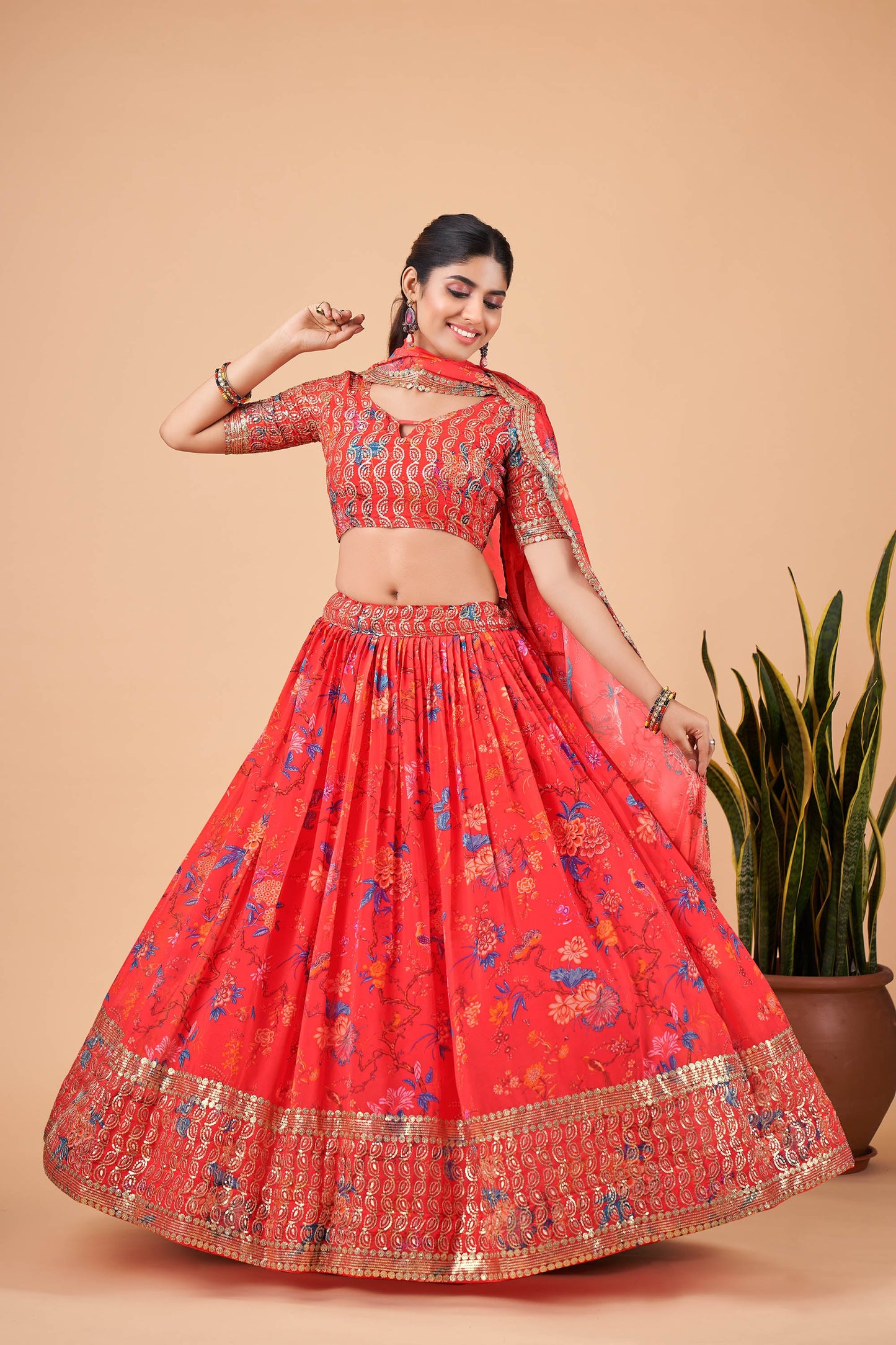 Dark Red Faux Georgette Zari Work Bridesmaid Lehenga