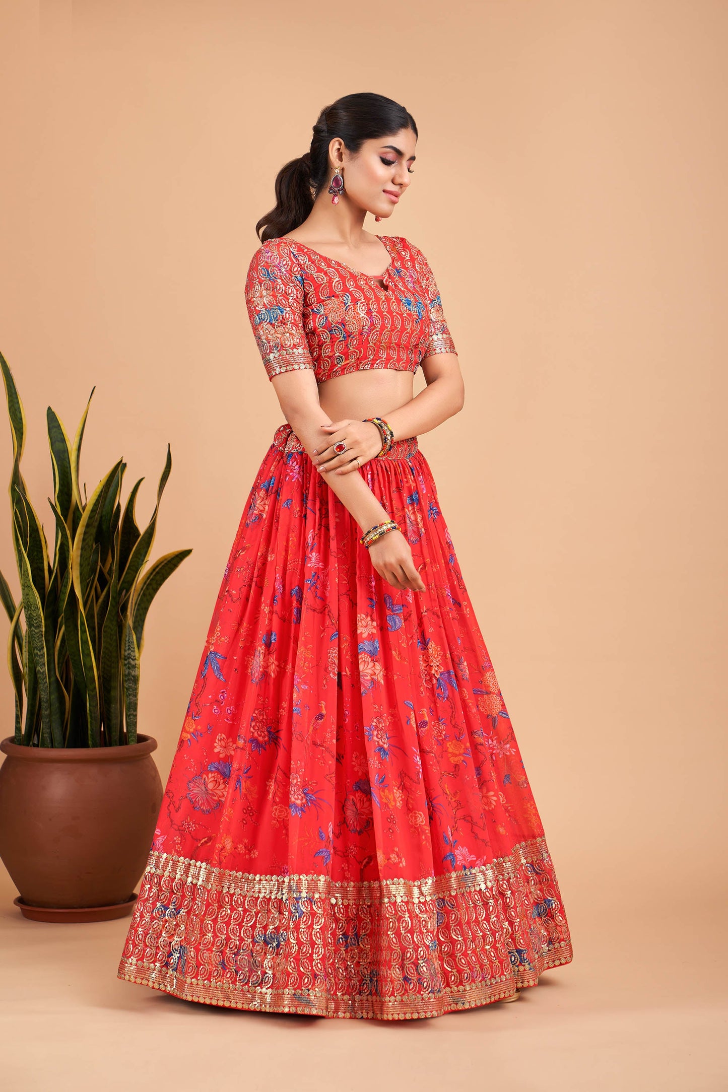 Dark Red Faux Georgette Zari Work Bridesmaid Lehenga