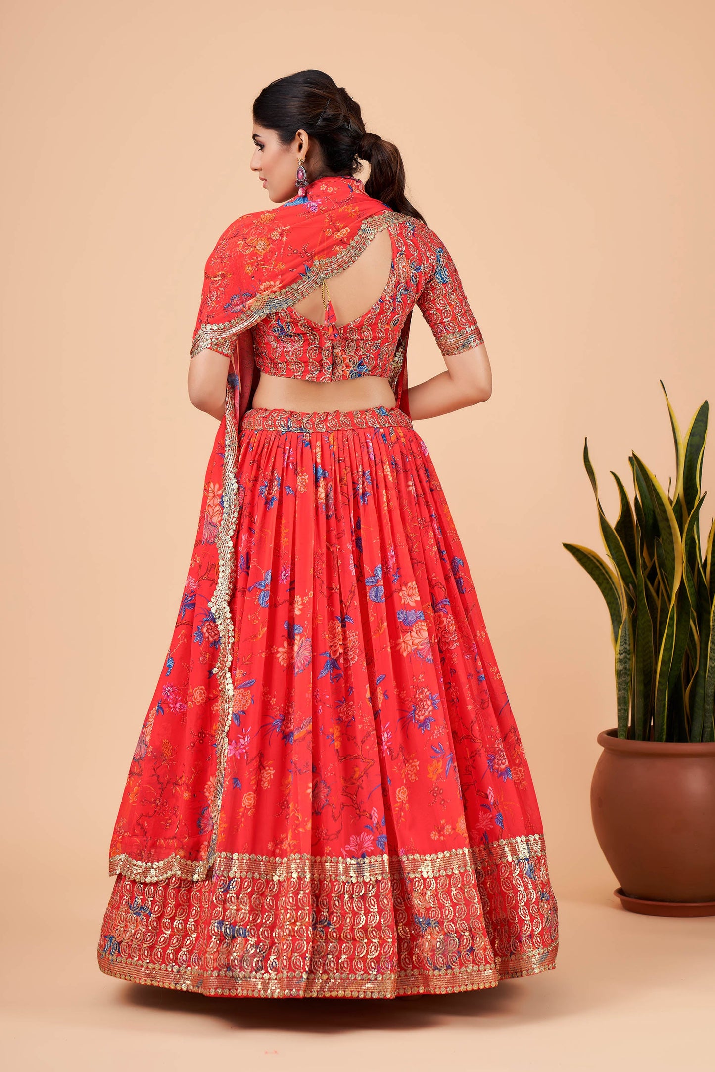 Dark Red Faux Georgette Zari Work Bridesmaid Lehenga