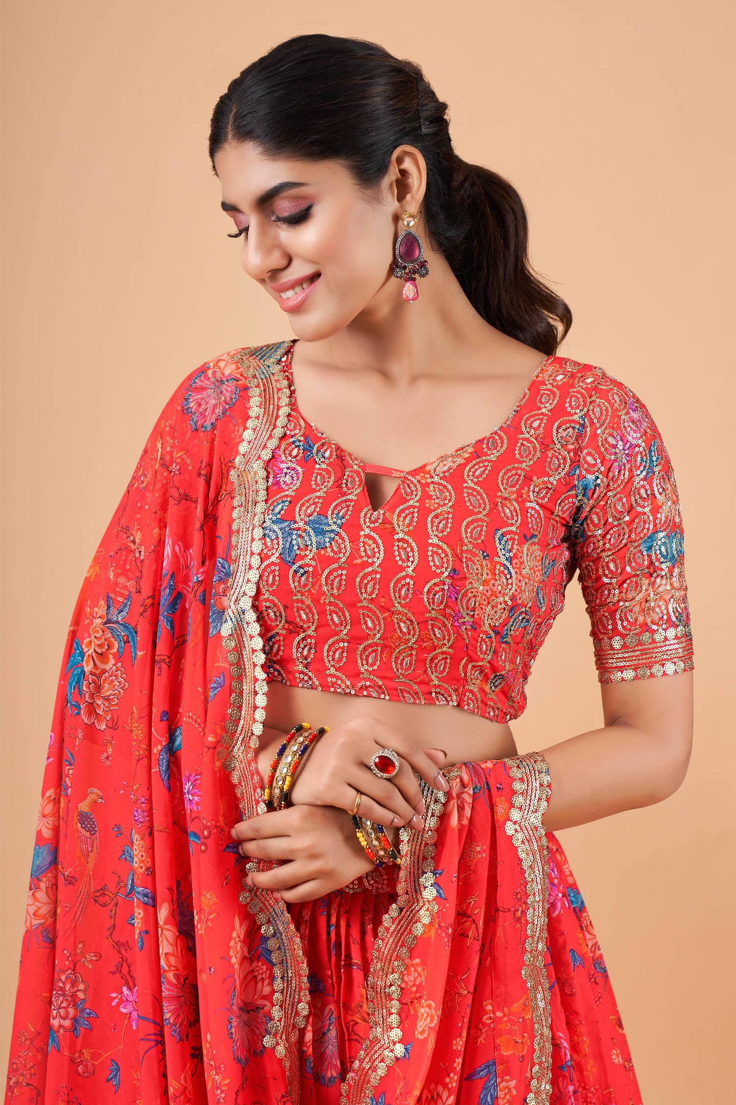 Dark Red Faux Georgette Zari Work Bridesmaid Lehenga