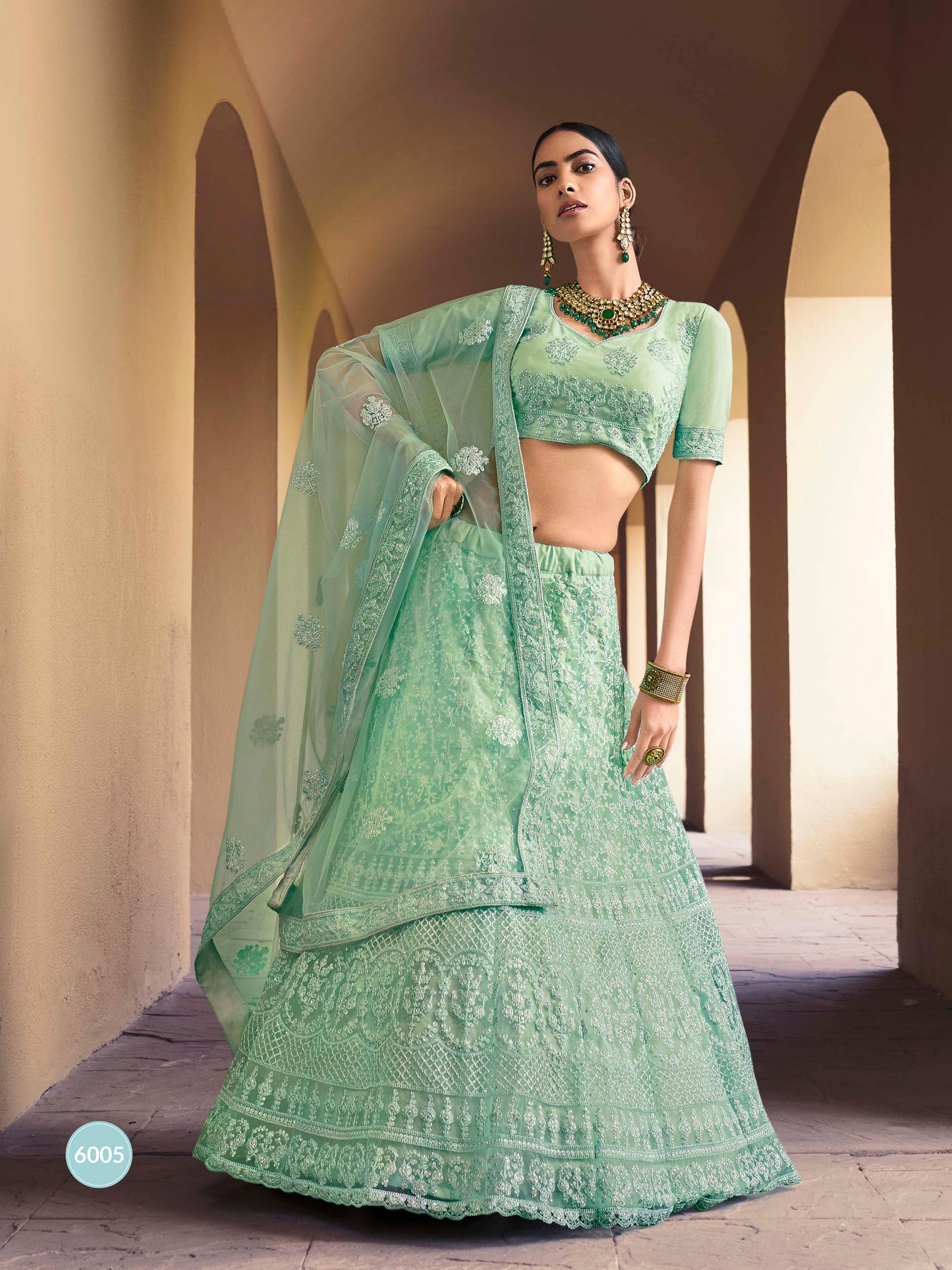 Light Green Soft Net Embroidered Lehenga Choli Size Mehendi