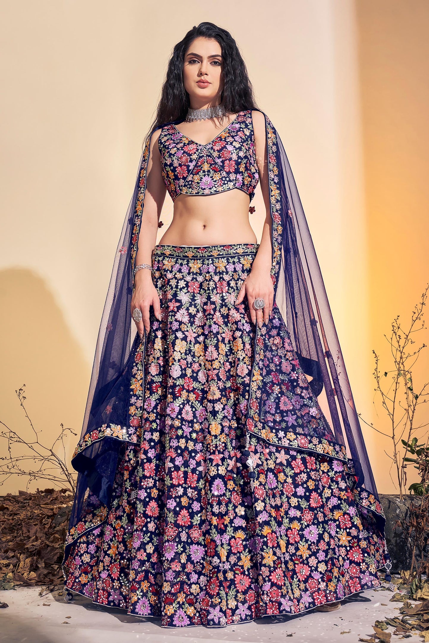 Navy Blue Hand Embroidered Net Lehenga for Bridesmaid