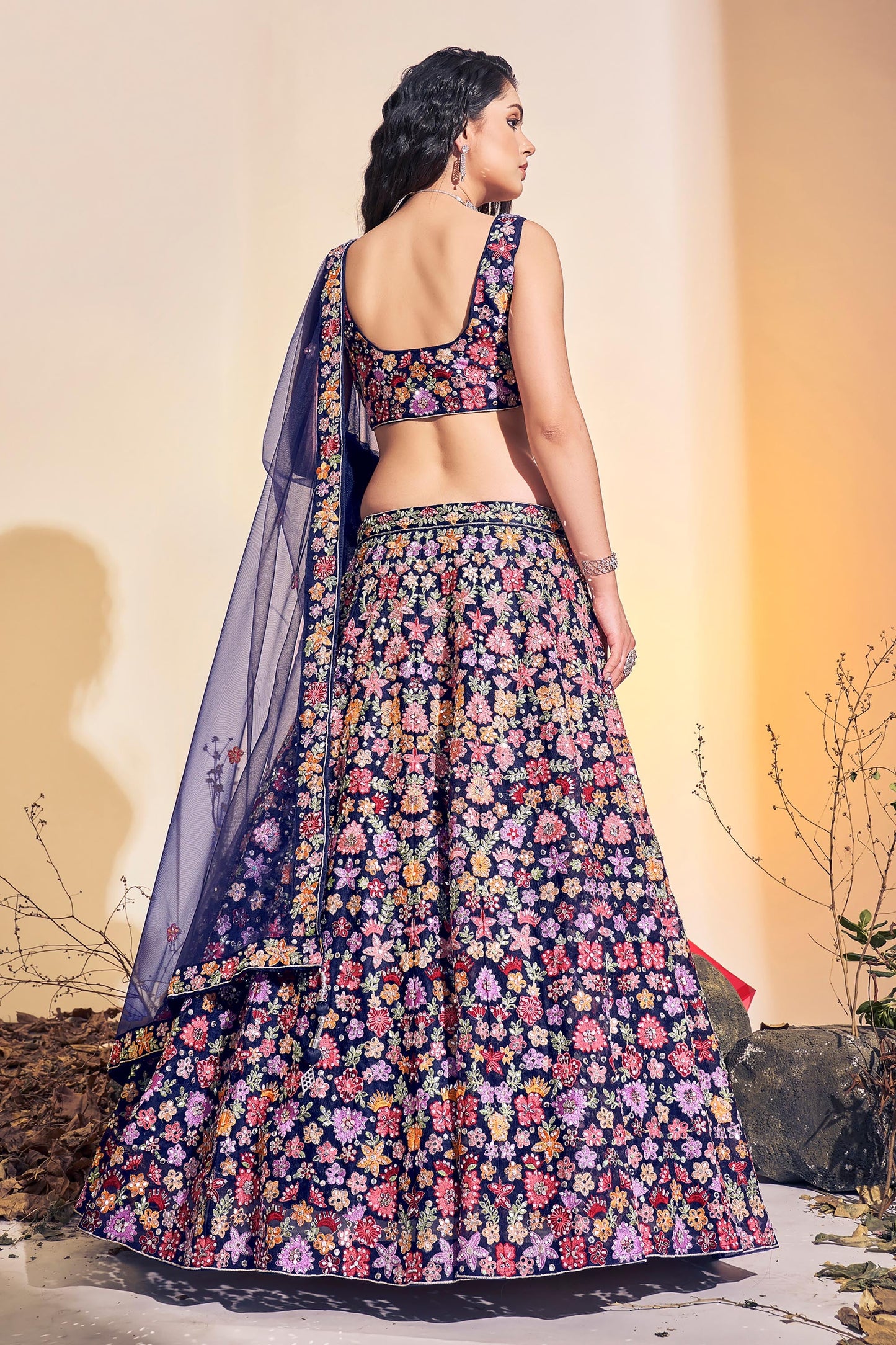 Navy Blue Hand Embroidered Net Lehenga for Bridesmaid