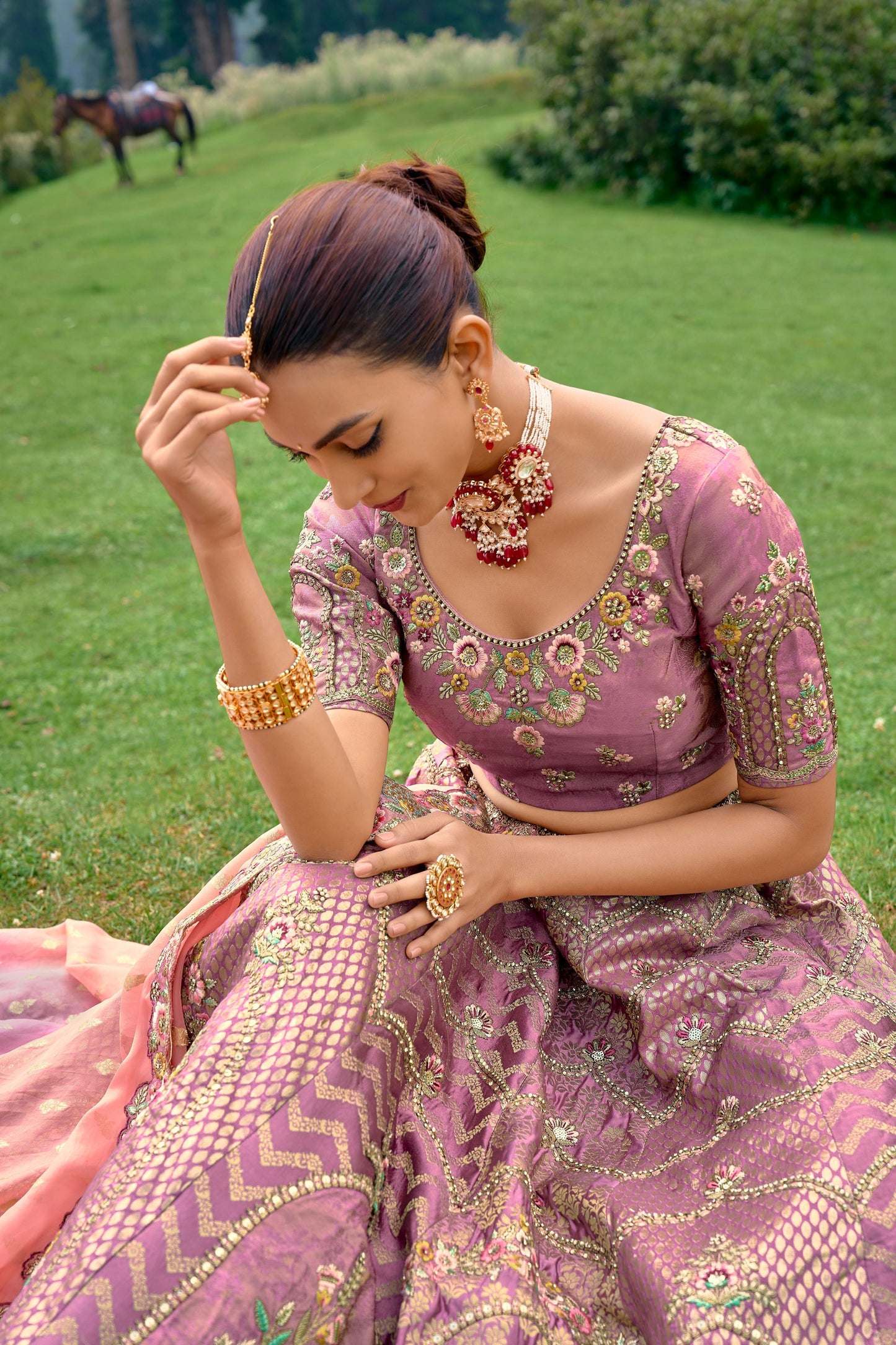 Mauve Silk Heavy Embroidered Lehenga Choli for Wedding - Rent