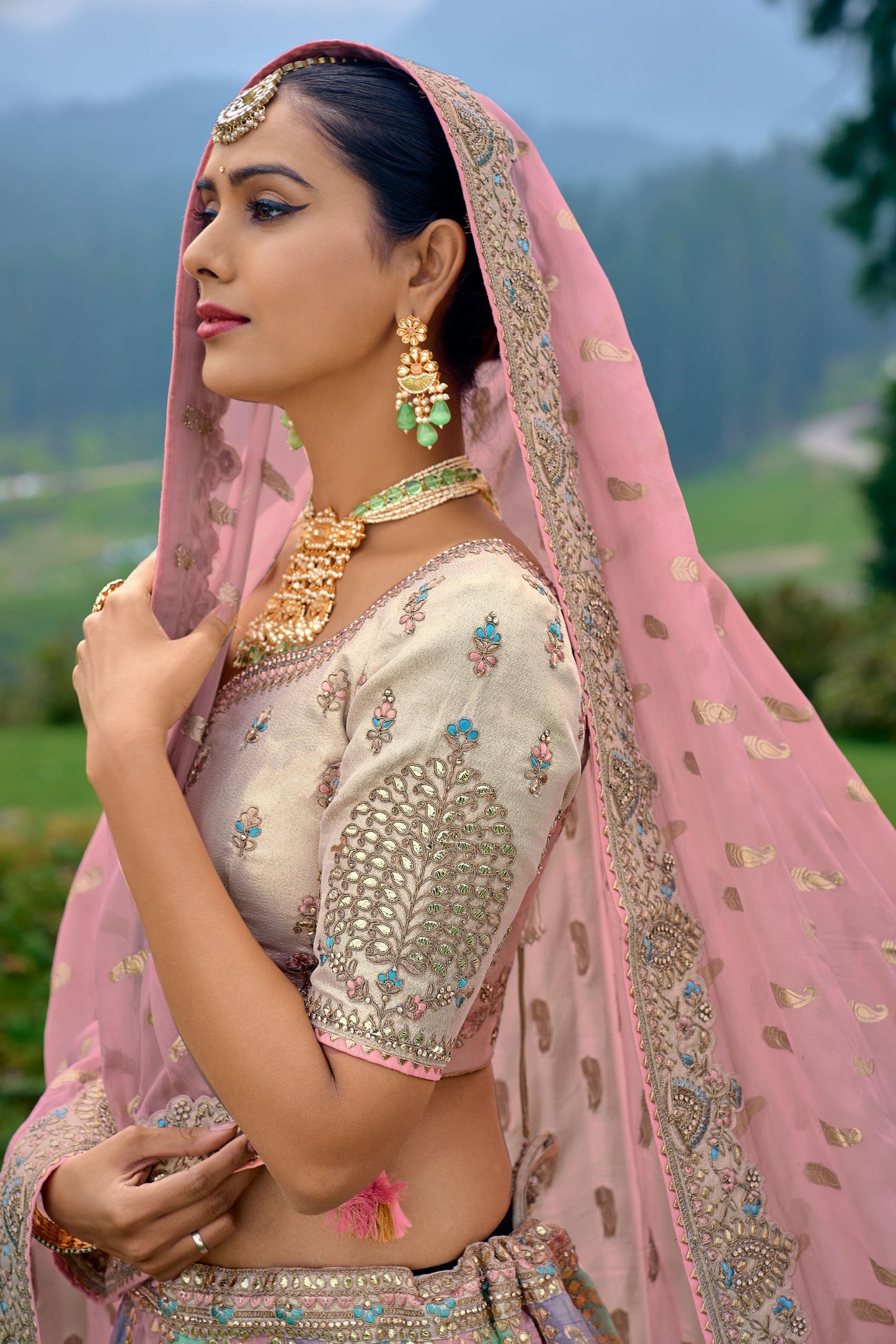 Multi Color Silk Heavy Embroidered Bridal Lehenga Choli - Rent