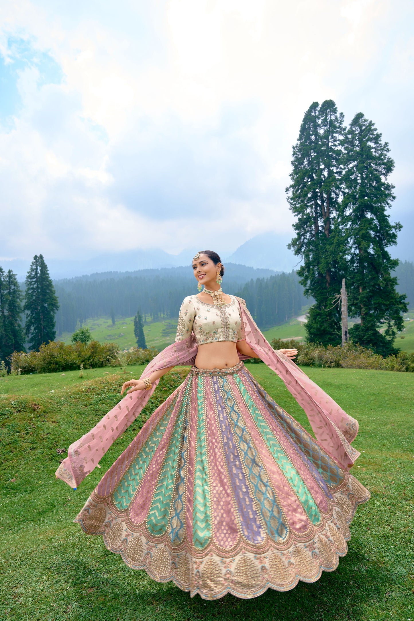 Multi Color Silk Heavy Embroidered Bridal Lehenga Choli - Rent