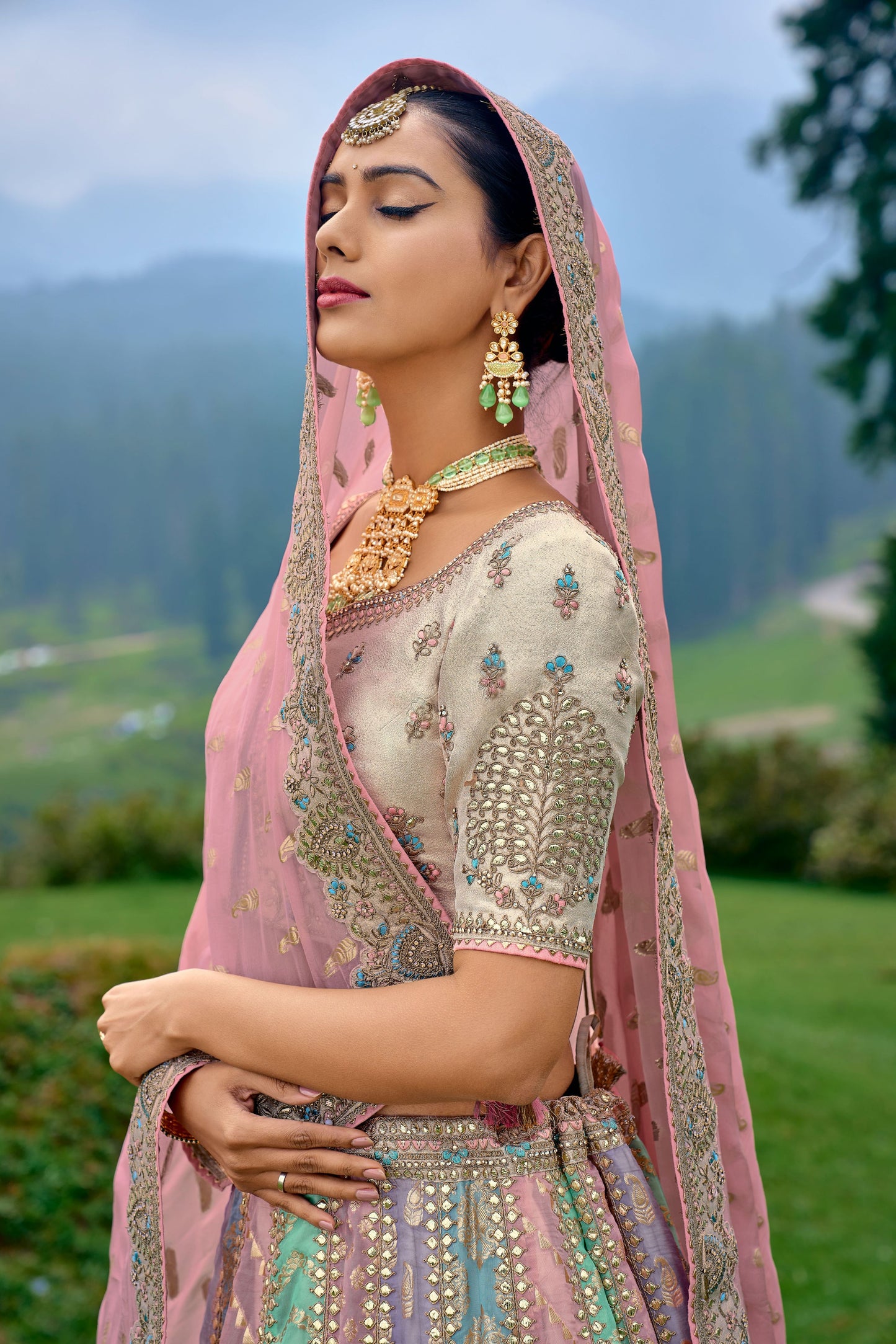 Multi Color Silk Heavy Embroidered Bridal Lehenga Choli - Rent