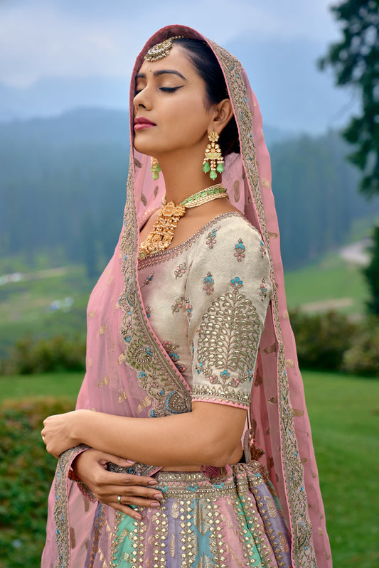 Multi Color Silk Heavy Embroidered Bridal Lehenga Choli - Rent