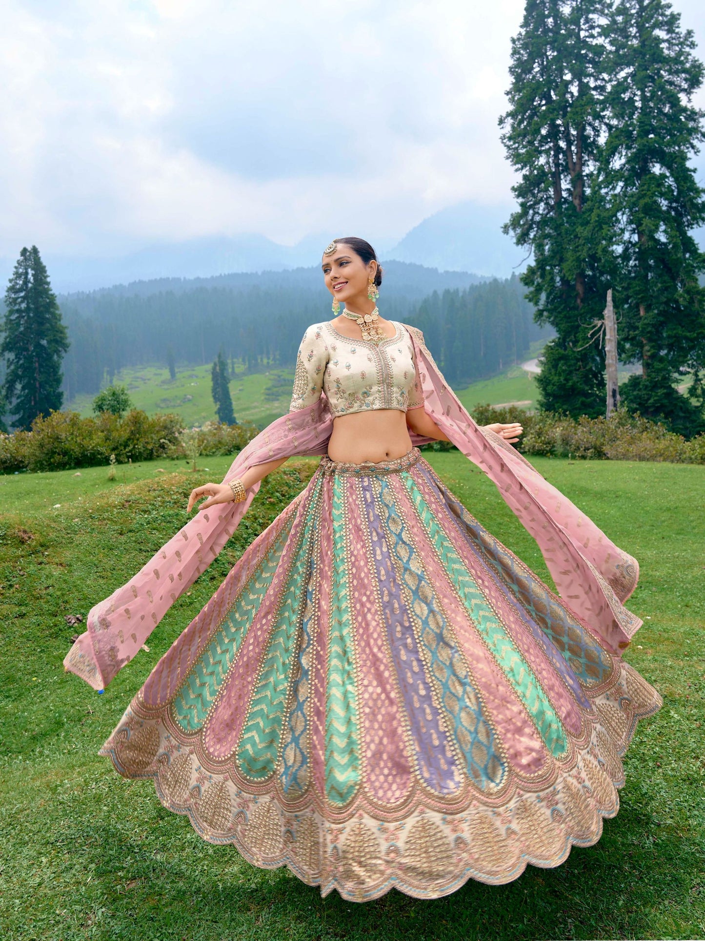 Multi Color Silk Heavy Embroidered Bridal Lehenga Choli - Rent