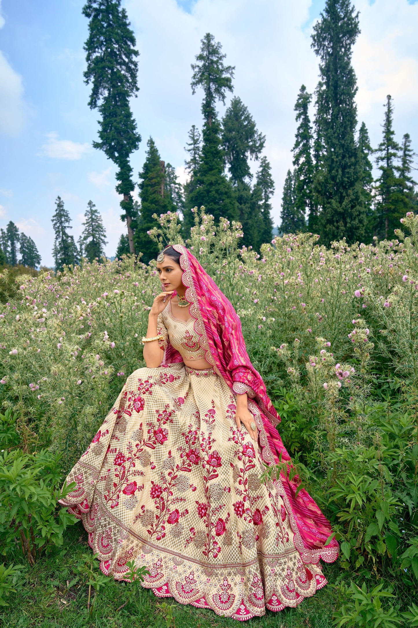 Cream  Color Silk Heavy Embroidered Bridal Lehenga Choli - Rent