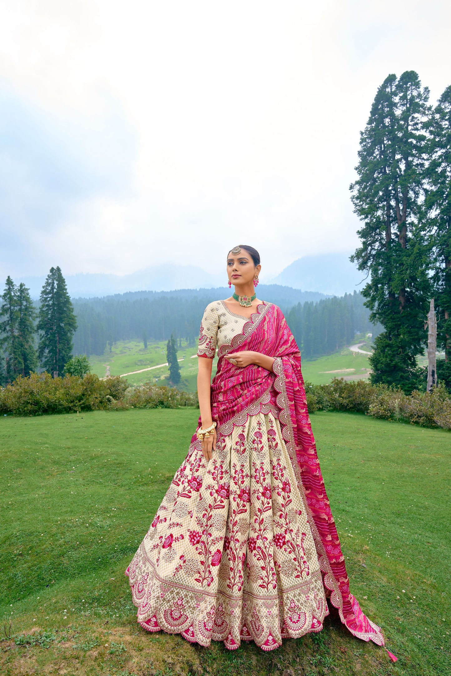 Cream Color Silk Heavy Embroidered Bridal Lehenga Choli - Rent