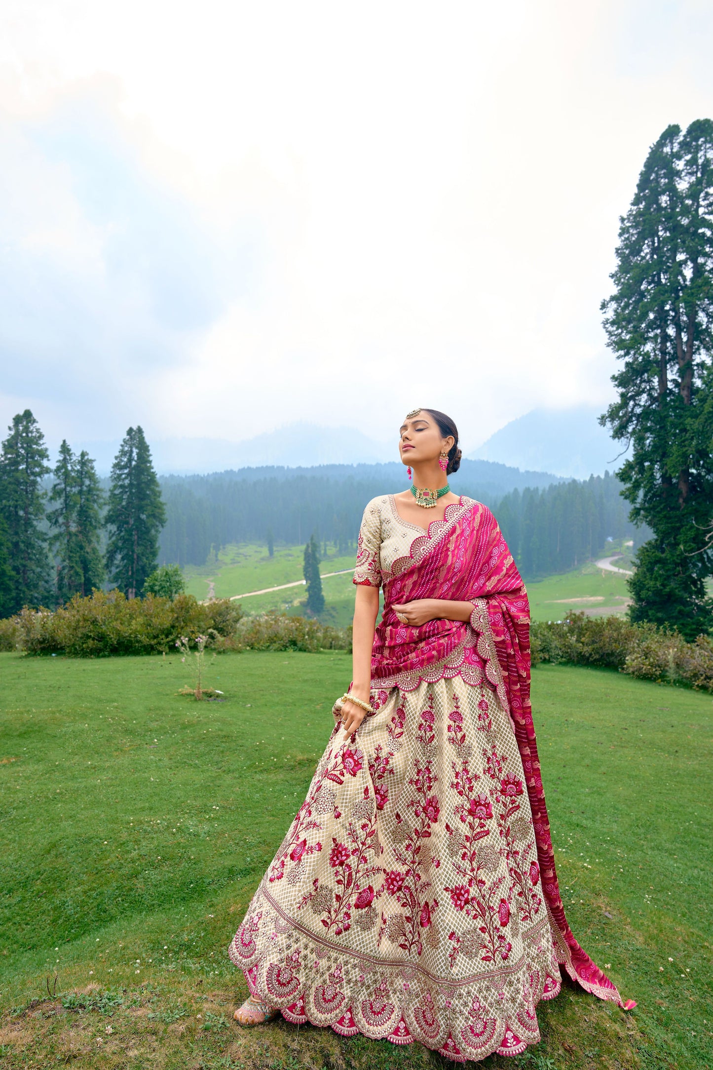Cream Color Silk Heavy Embroidered Bridal Lehenga Choli - Rent