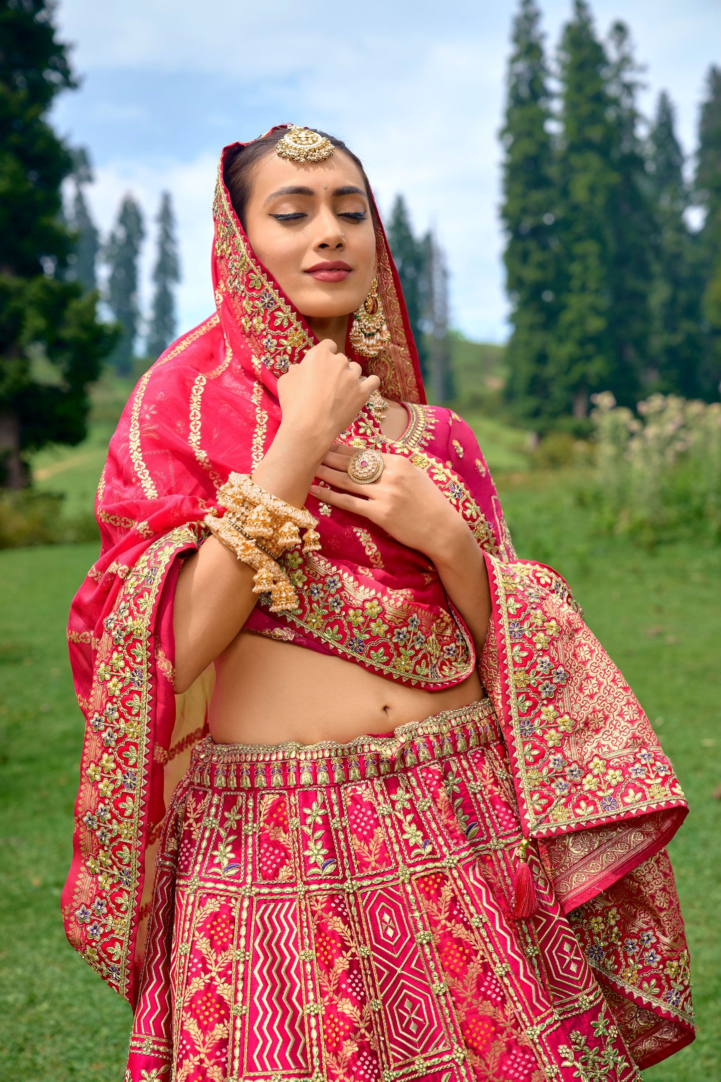 Pink Color Silk Heavy Embroidered Wedding Lehenga Choli - Rent
