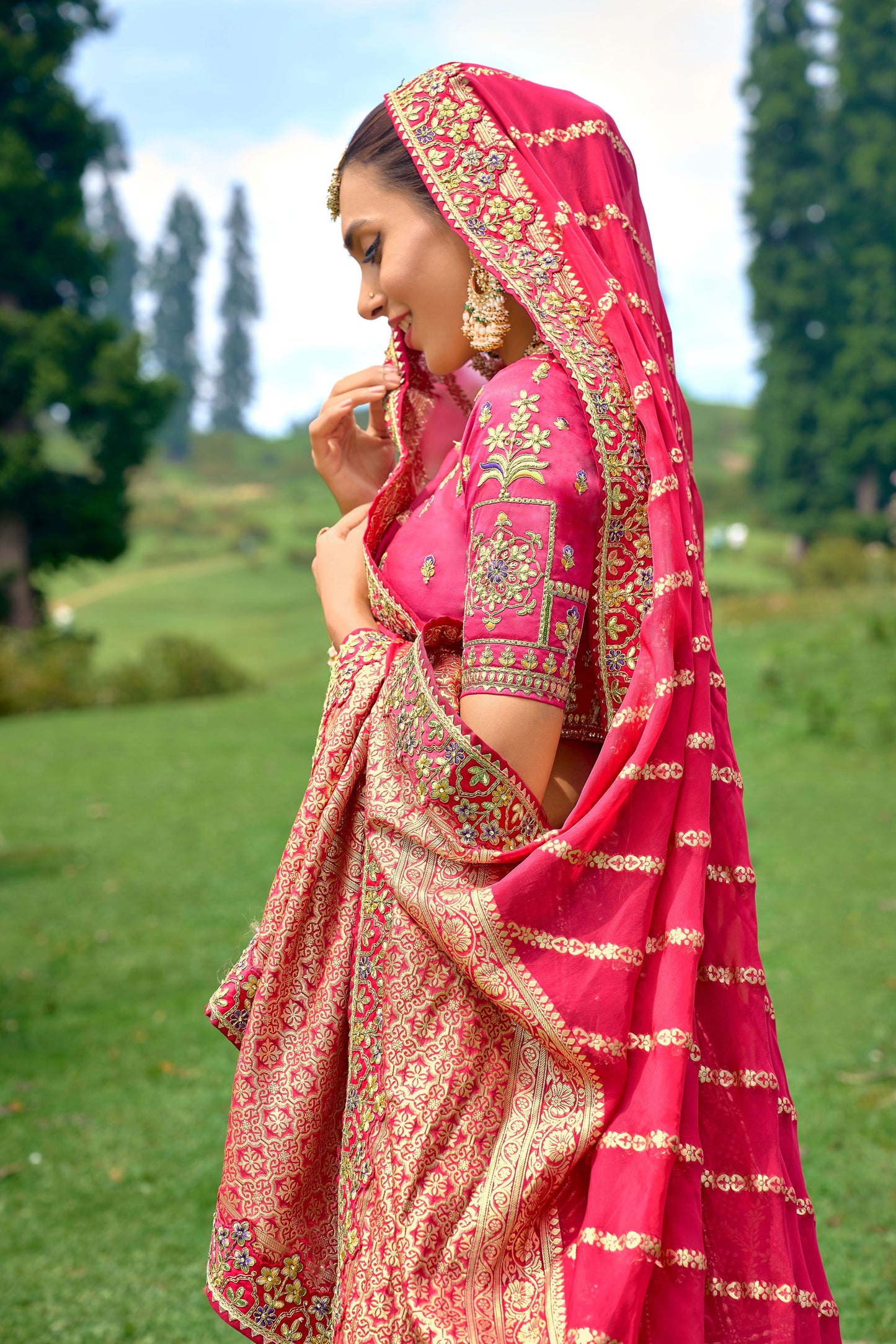 Pink Color Silk Heavy Embroidered Wedding Lehenga Choli - Rent