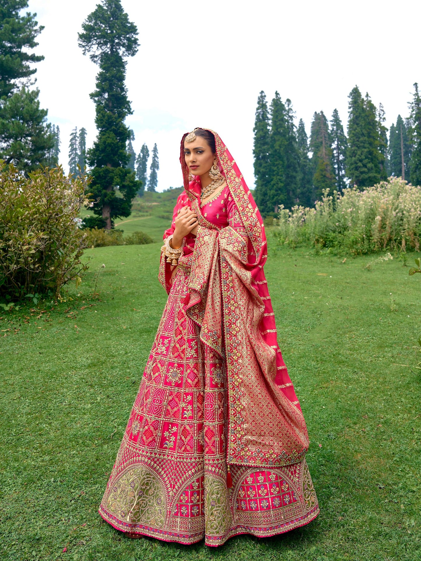 Pink Color Silk Heavy Embroidered Wedding Lehenga Choli - Rent