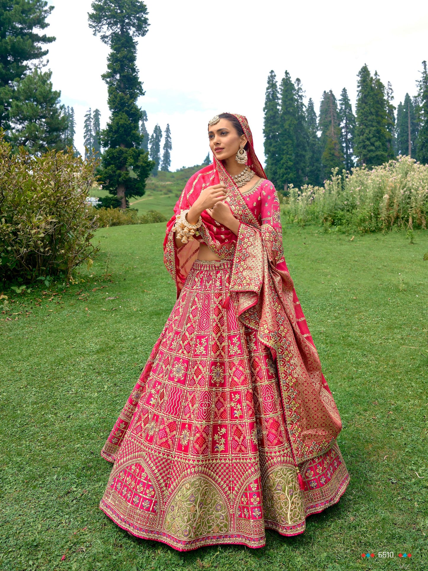 Pink Color Silk Heavy Embroidered Wedding Lehenga Choli - Rent