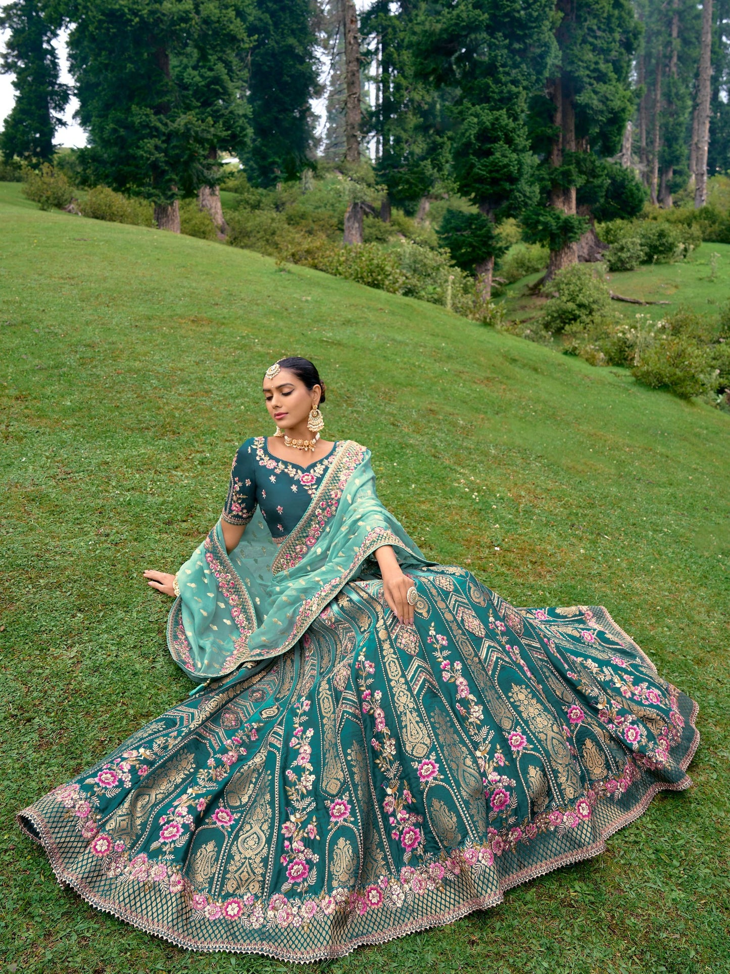 Teal Green Color Silk Heavy Embroidered Bridal Lehenga Choli - Rent
