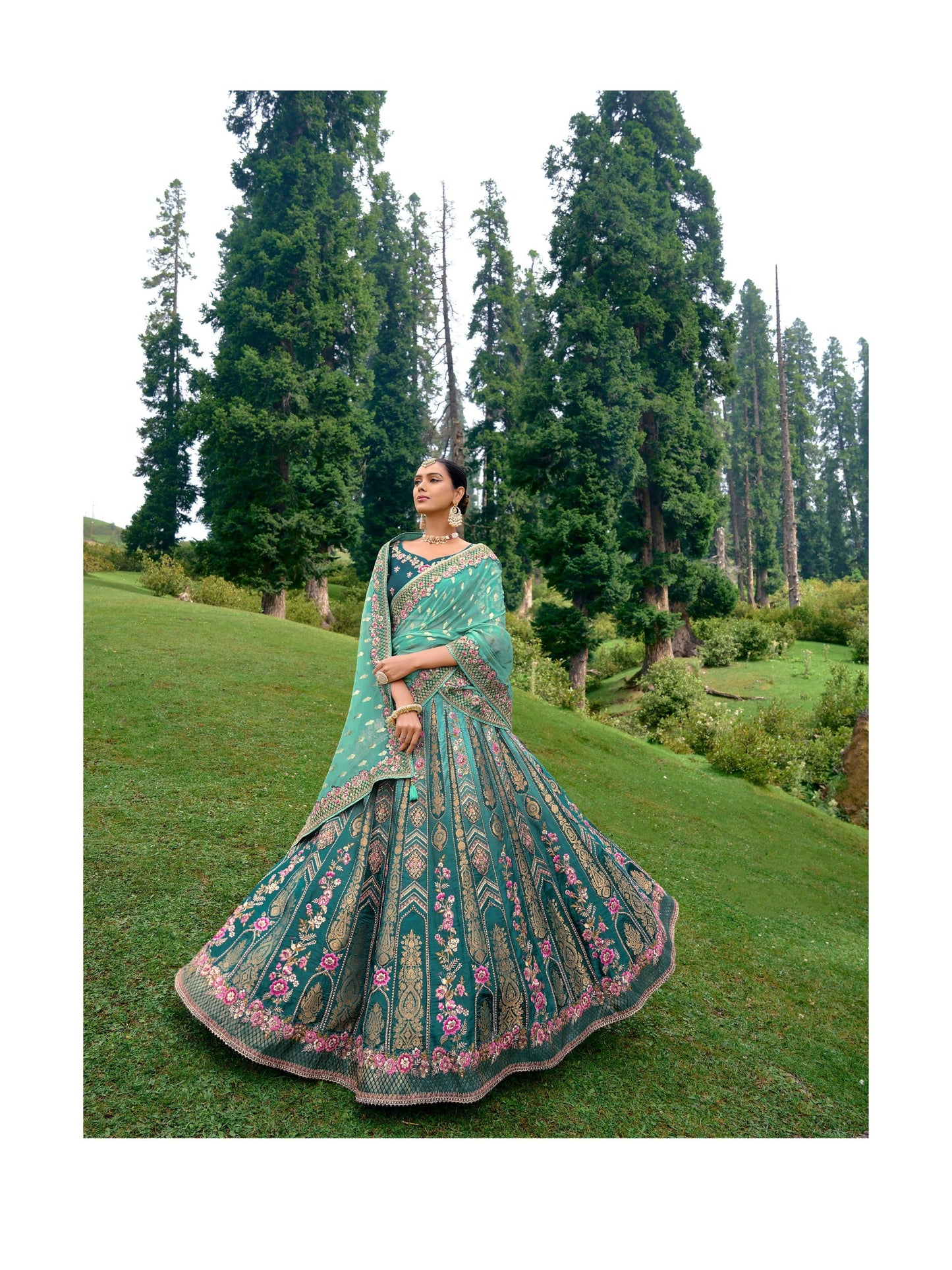 Teal Green Color Silk Heavy Embroidered Bridal Lehenga Choli - Rent