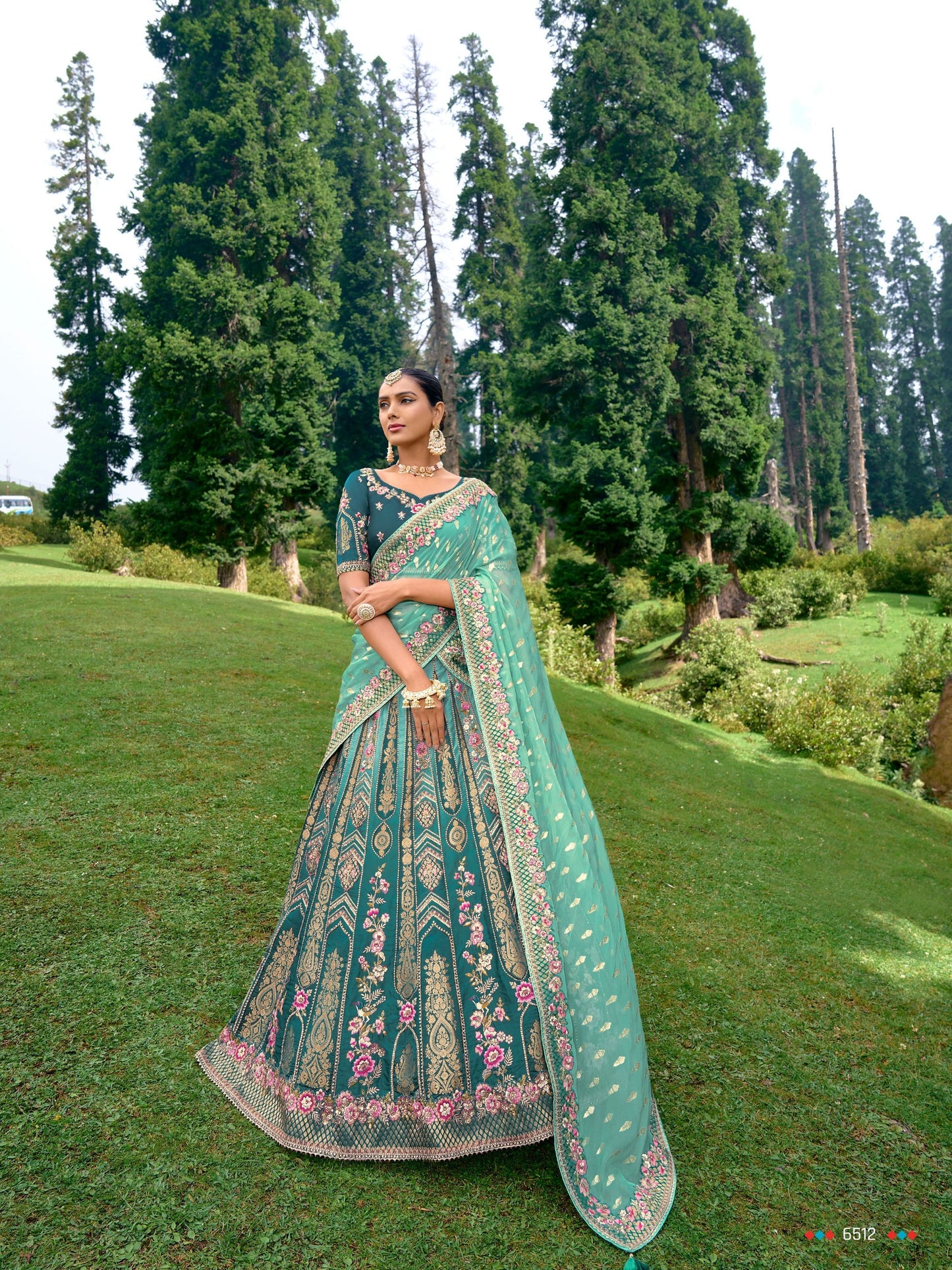 Teal Green Color Silk Heavy Embroidered Bridal Lehenga Choli - Rent