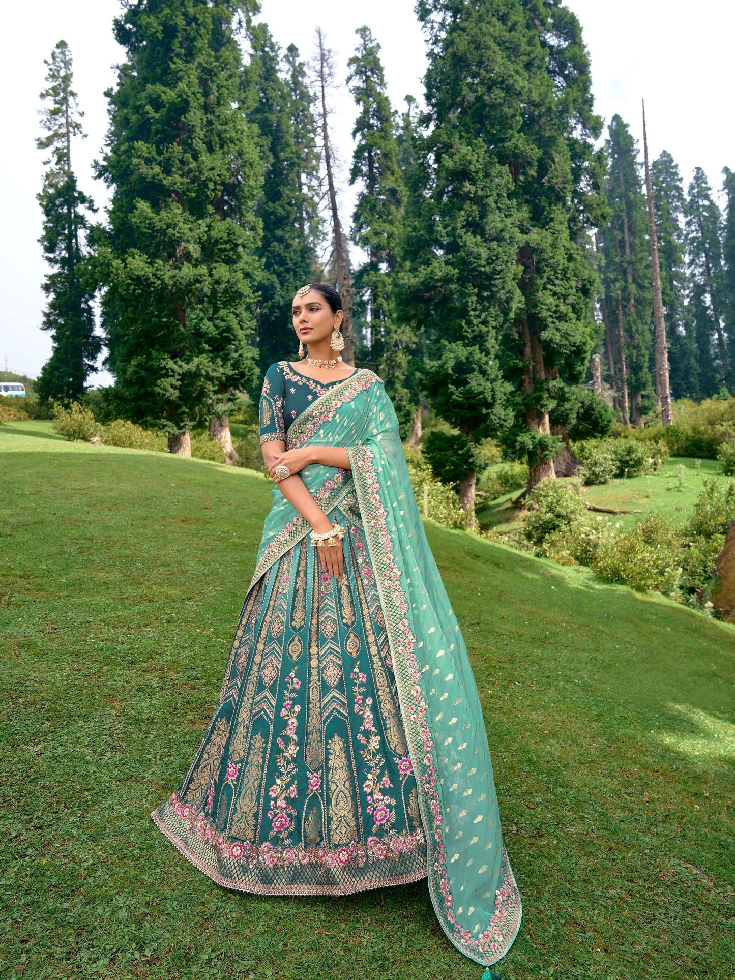 Teal Green Color Silk Heavy Embroidered Bridal Lehenga Choli - Rent