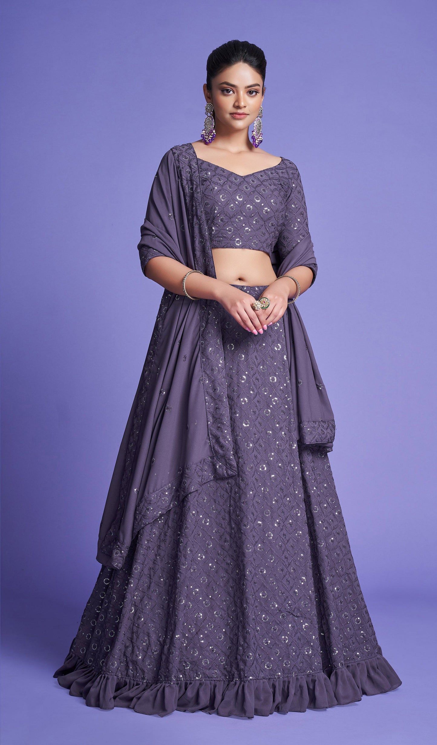 Purple Diamond Georgette Sequins Work Mehendi Lehenga