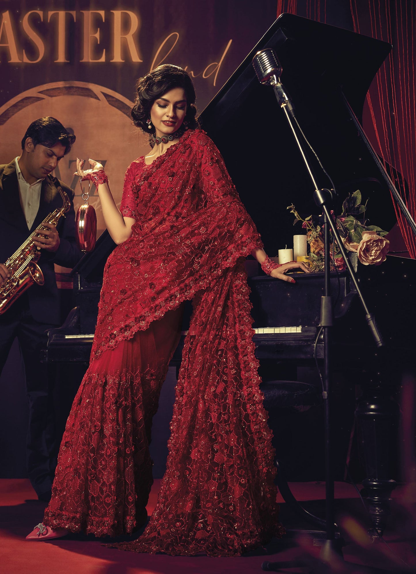 Red Sequins Cutdana Embroidery Net Saree for Cocktail