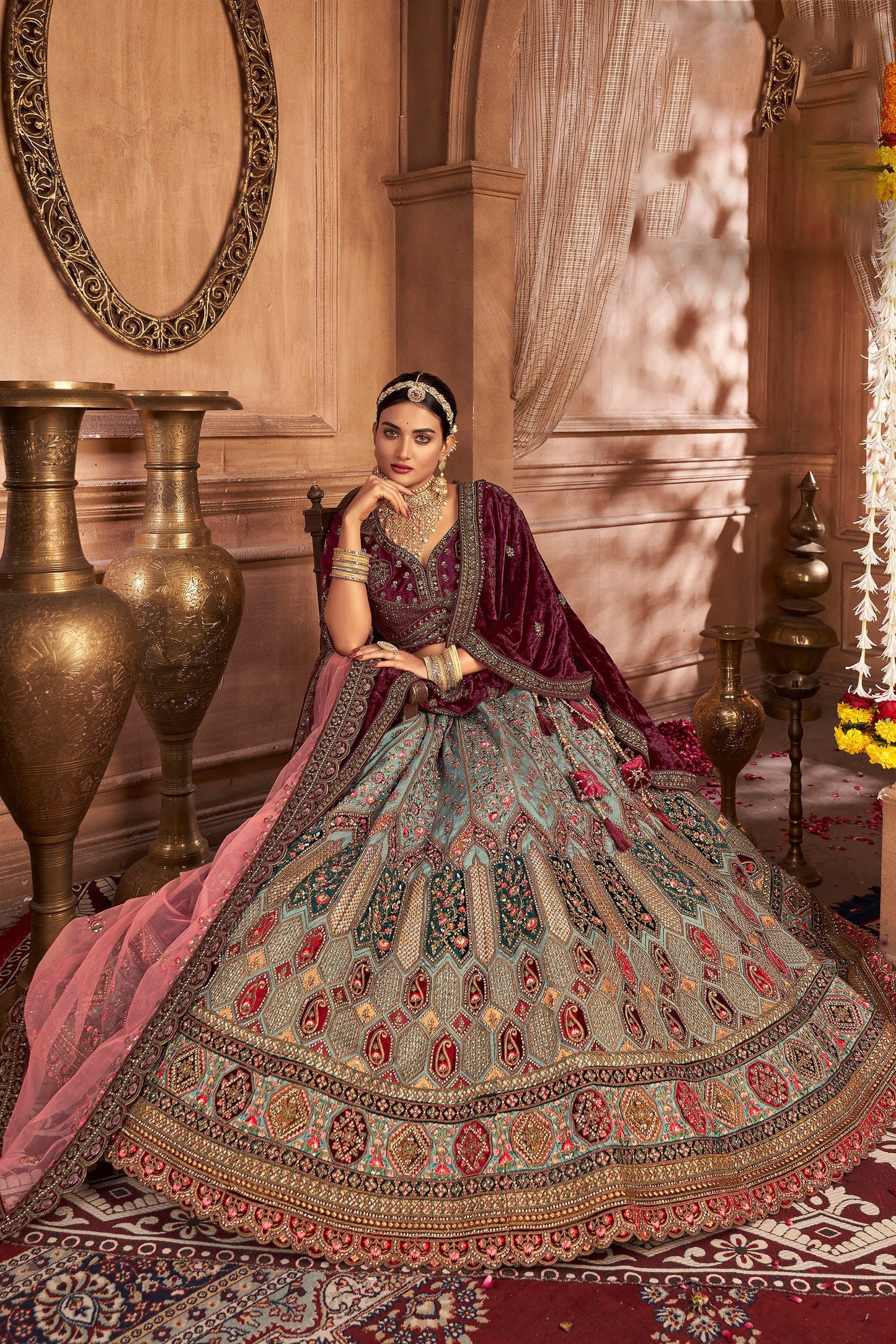 Sky Blue Velvet Hand Embroidered Heavy Bridal Lehenga