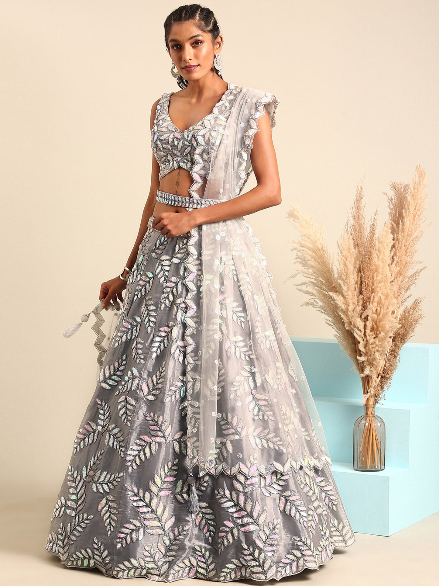 Grey Organza Sequins & Zarkan embroidery Lehenga