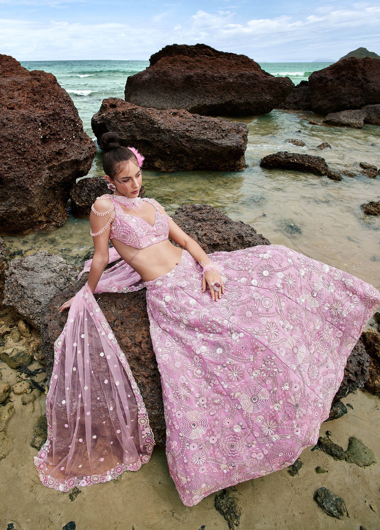 Mauve Organza Sequins, Zarkan and thread embroidery Lehenga