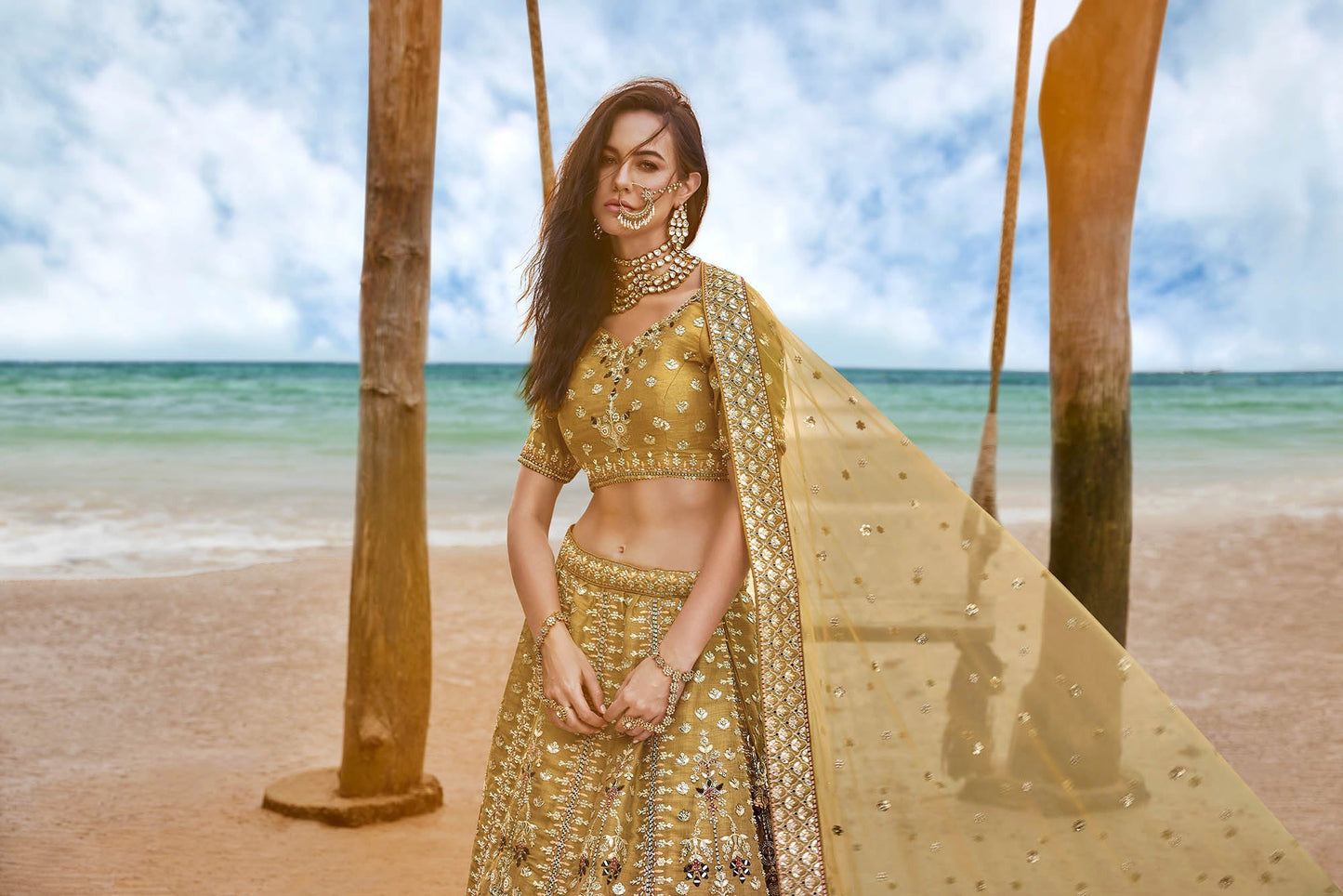 Mustard Bridal Net Sequins, Moti, Mirror and thread embroidery Lehenga