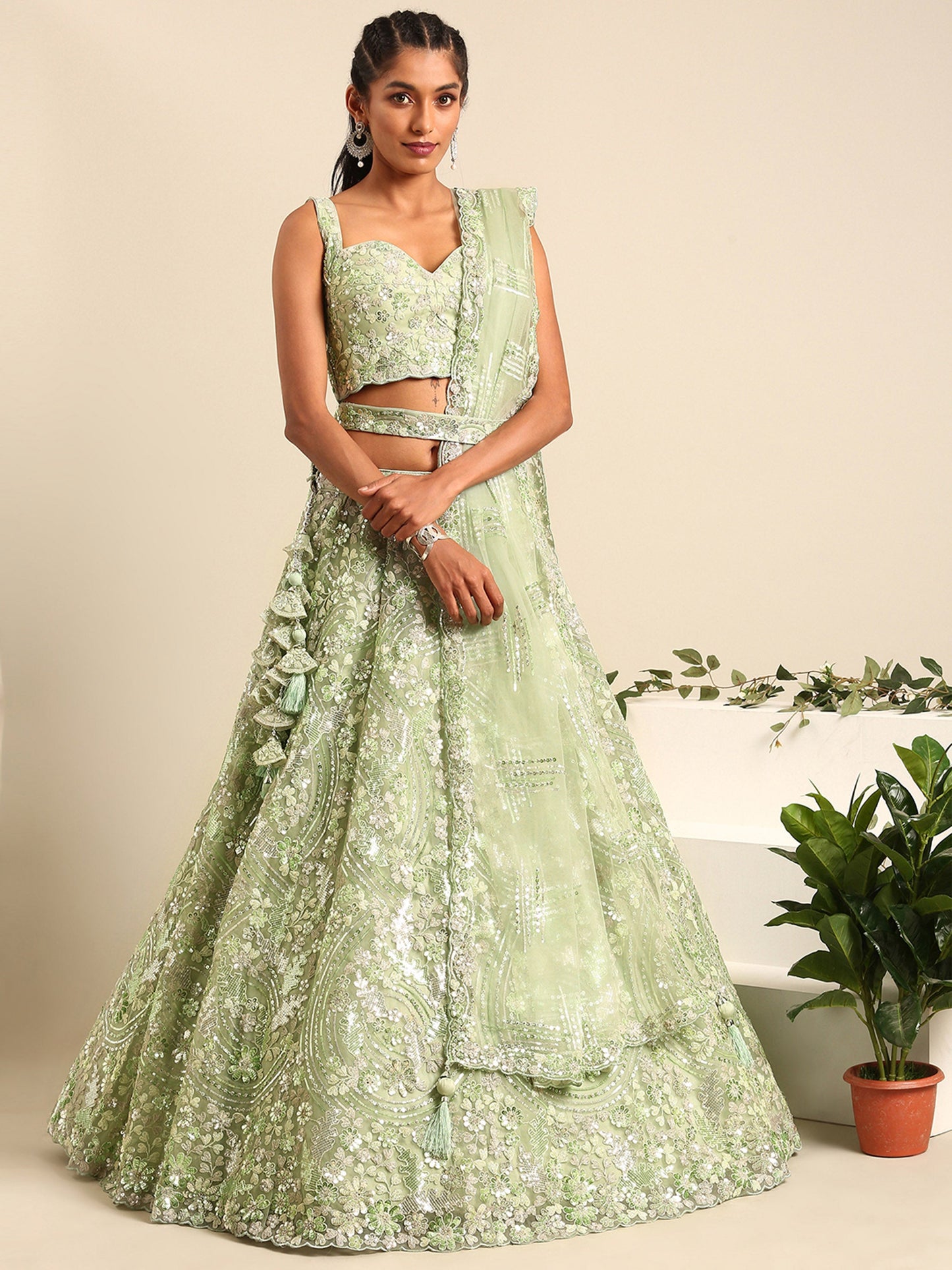 Lime Green Net Sequins and Zarkan embroidery Lehenga