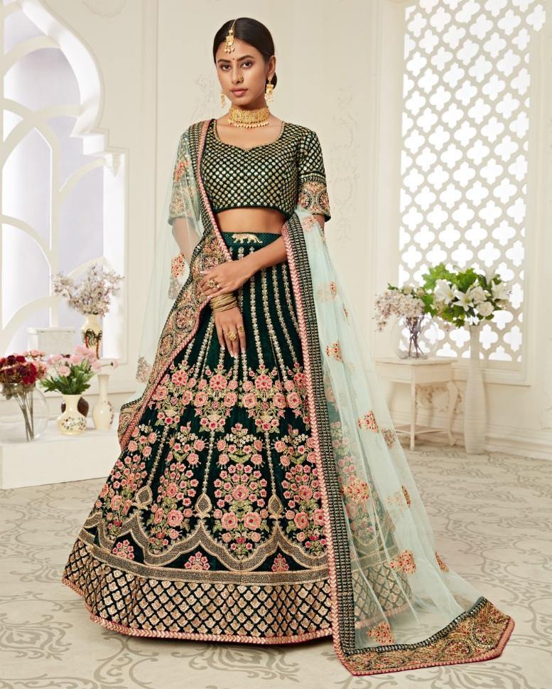 Green Heavy Bridal Wear Lehenga Choli For Rent
