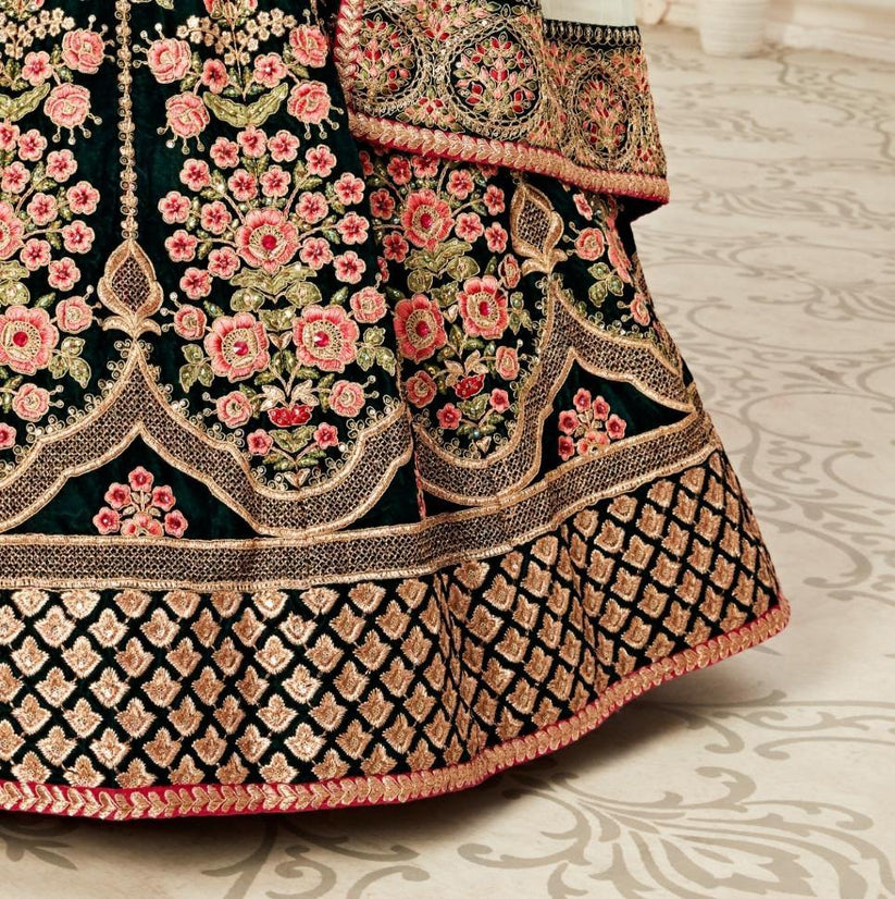 Green Heavy Bridal Wear Lehenga Choli For Rent