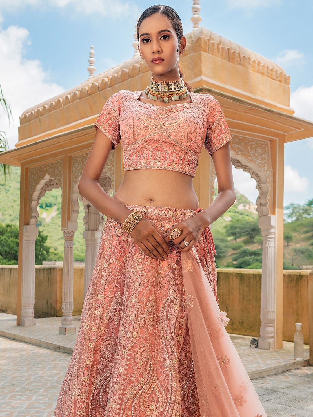 Pink Georgette Heavy Thread Embroidery Lehenga