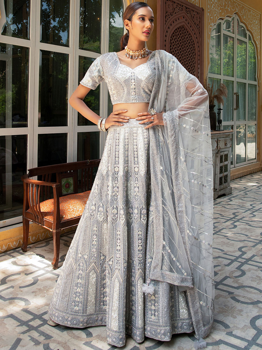 Grey Georgette Heavy Thread Embroidery Lehenga
