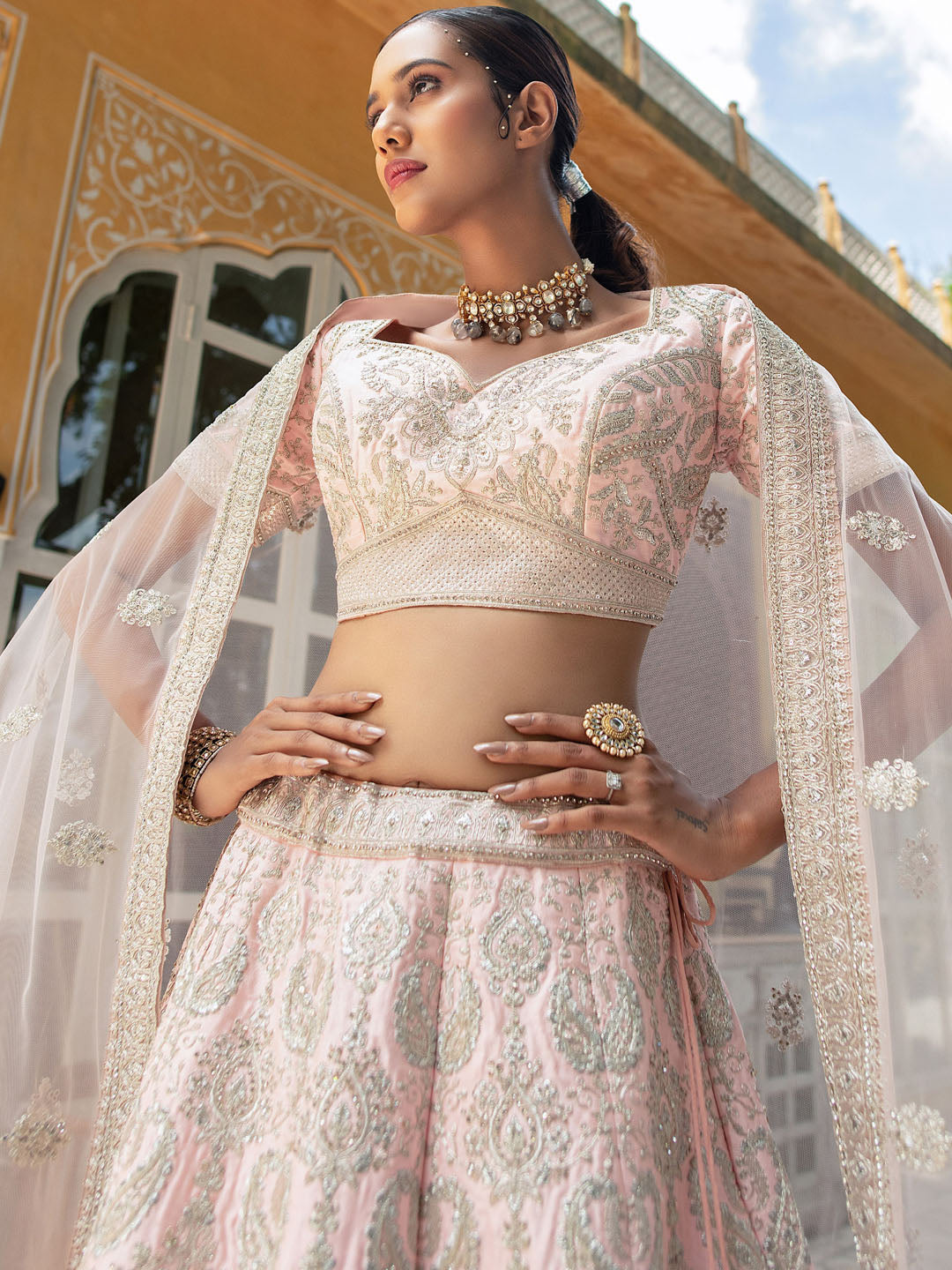 Peach Net Heavy Thread Embroidery Bridal Lehenga AN77290