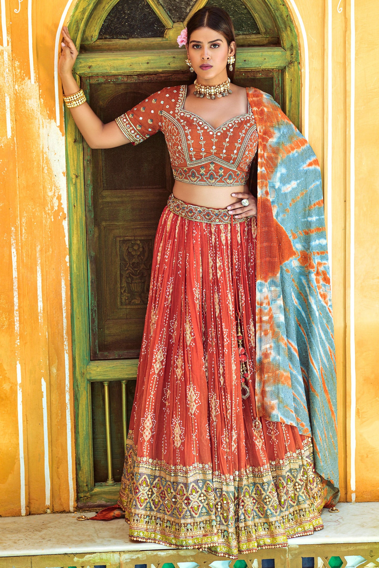 Orange Printed Lehenga Choli for Wedding Guest AV77307