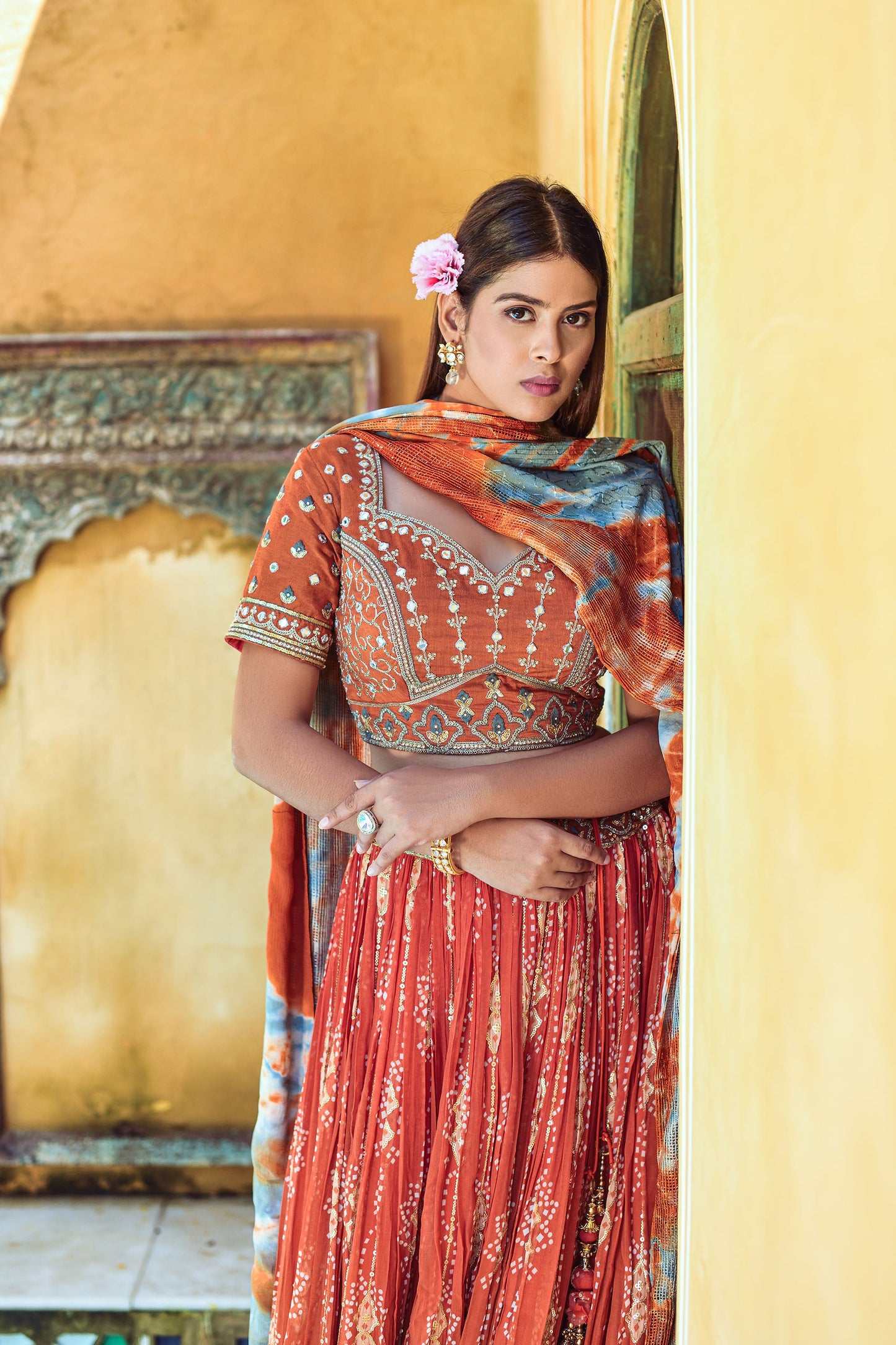 Orange Printed Lehenga Choli for Wedding Guest AV77307