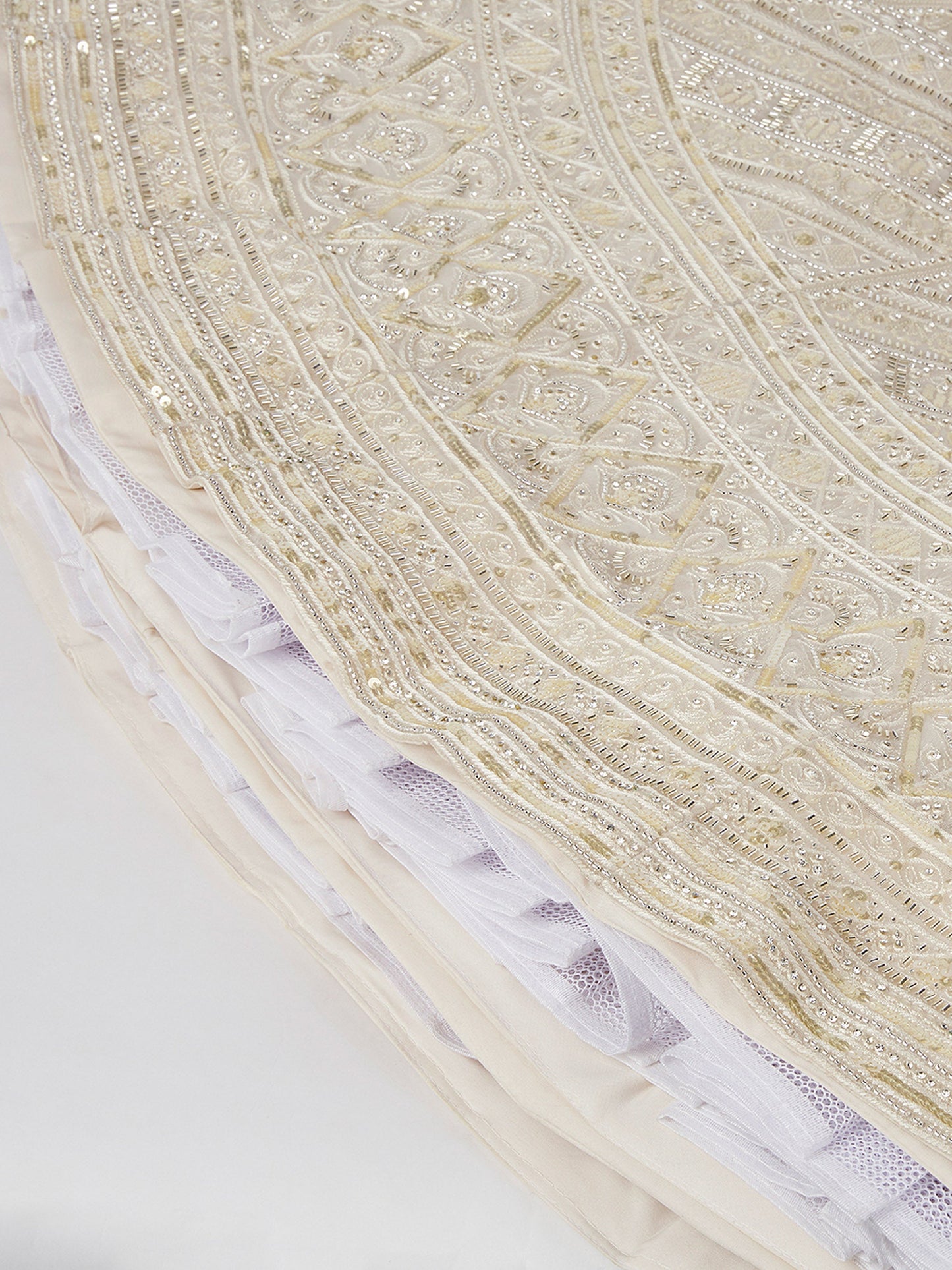 Cream Net Cutdana, Sequins and Zarkan embroidery Lehenga