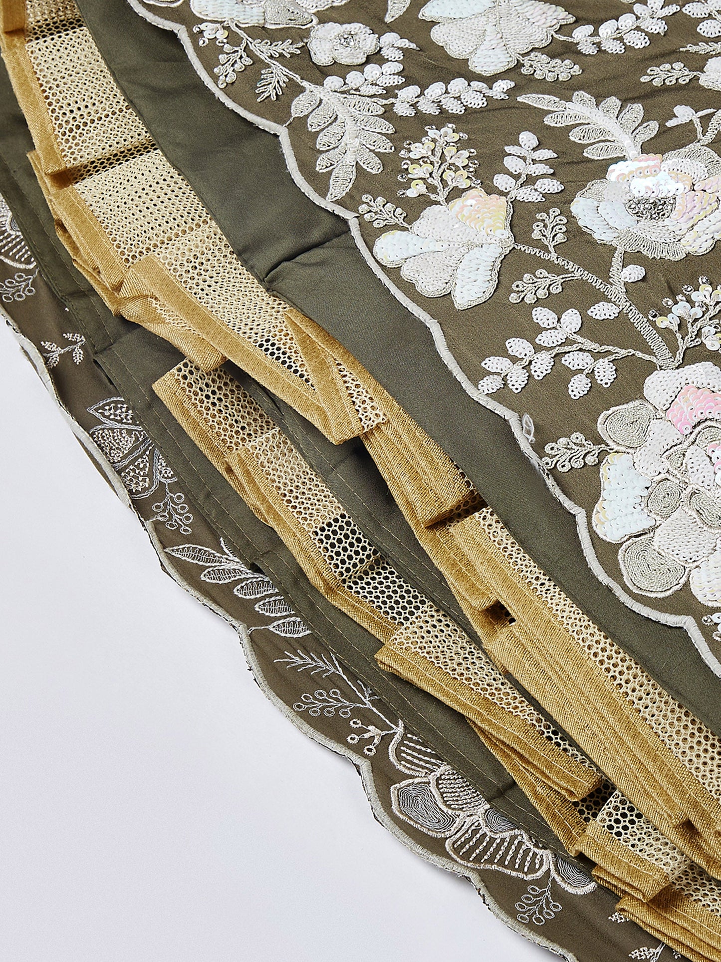 Olive Pure Georgette Sequins and thread embroidery Lehenga