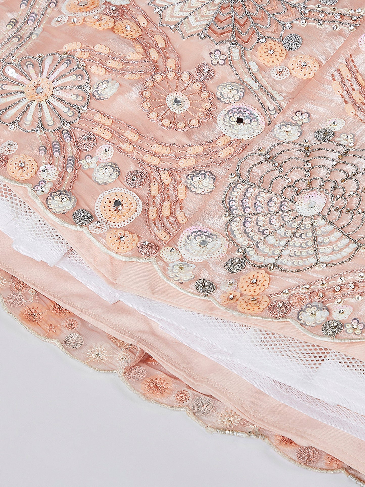 PEACH Organza Sequins, Zarkan and thread embroidery Lehenga
