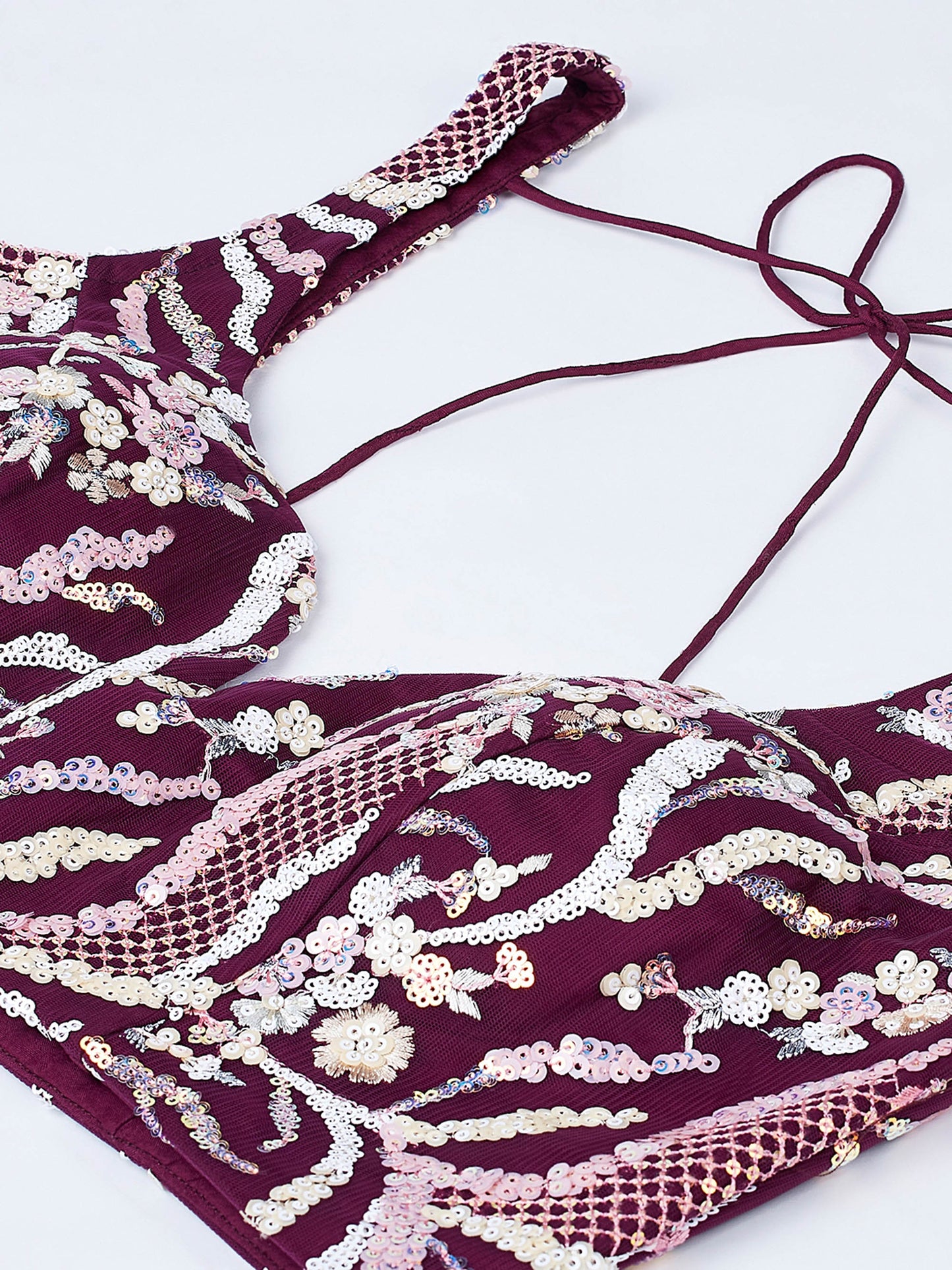 Burgundy Net Sequins and thread embroidery Lehenga choli & Dupatta