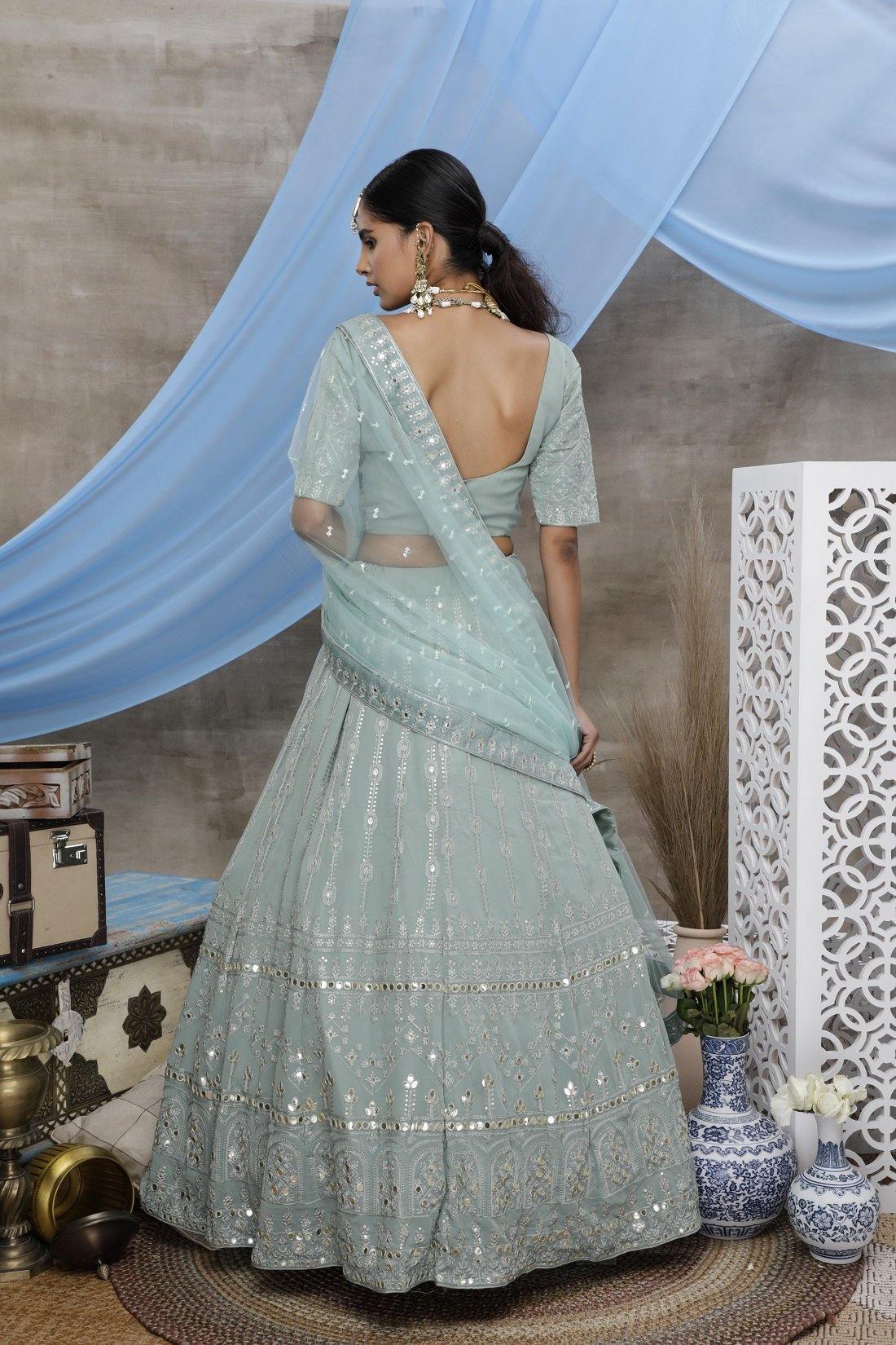 Dusty Green Georgette Bridal Lehenga Choli with Thread, gota patti embroidered work