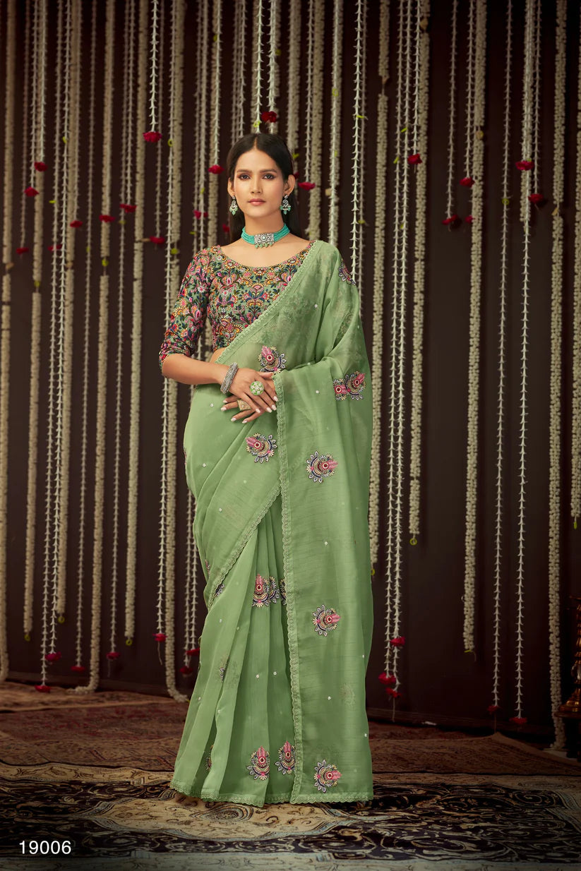 Green Color Embroidery Sequins Organza Saree for Mehendi - Rent