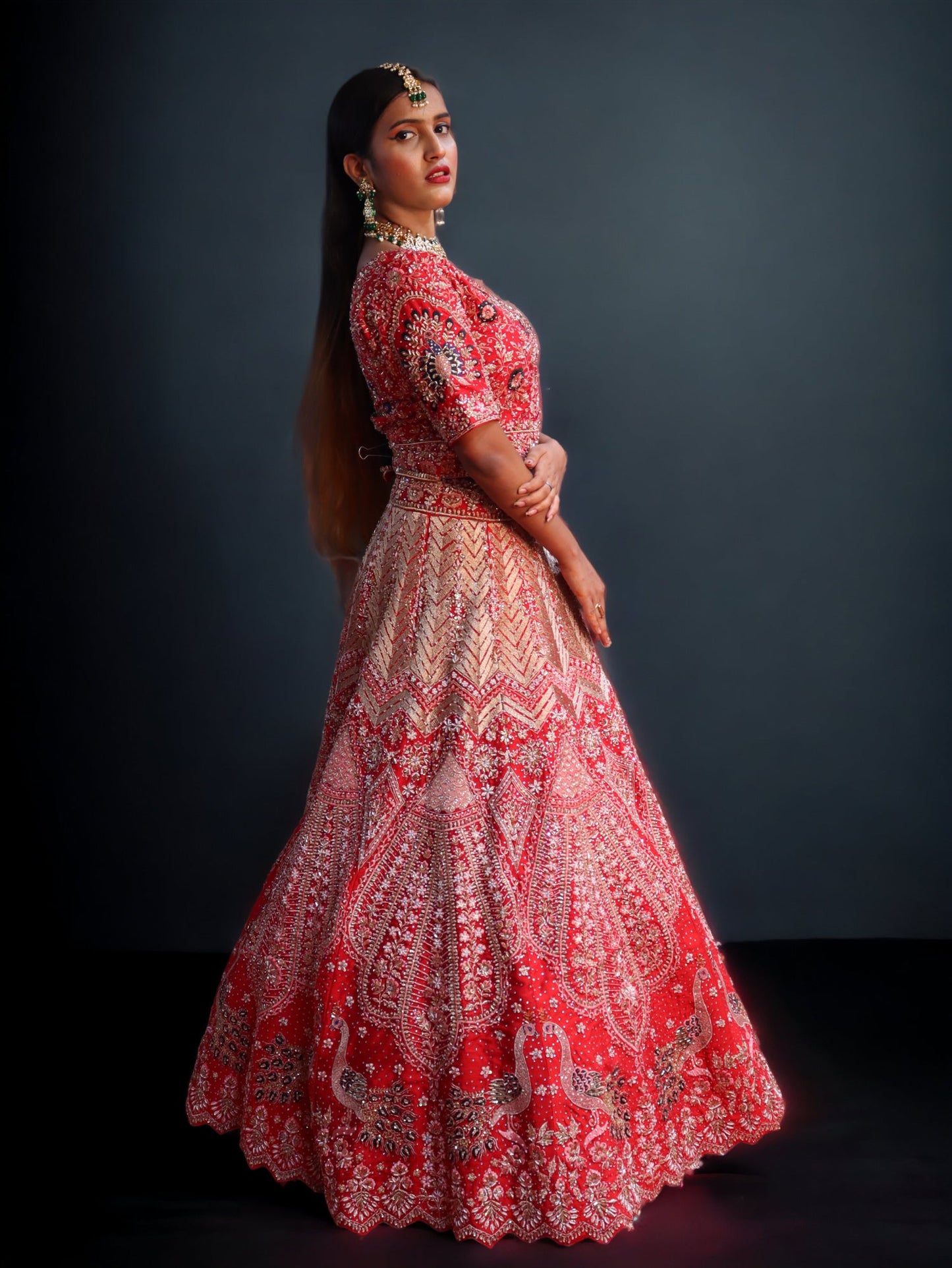 Red Raw Silk Hand Embroidered Crystal Zircon Bridal Lehenga