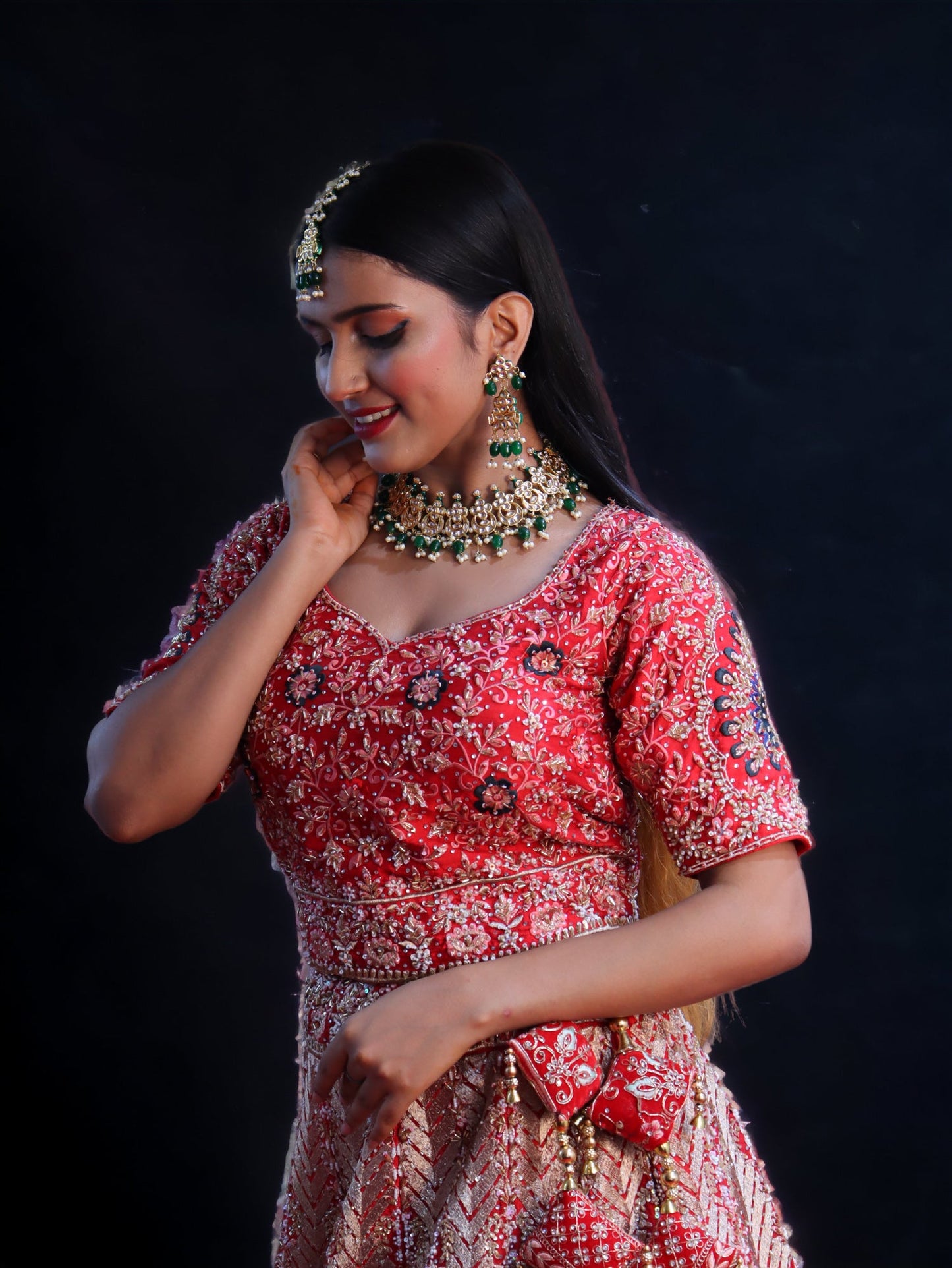 Red Raw Silk Hand Embroidered Crystal Zircon Bridal Lehenga