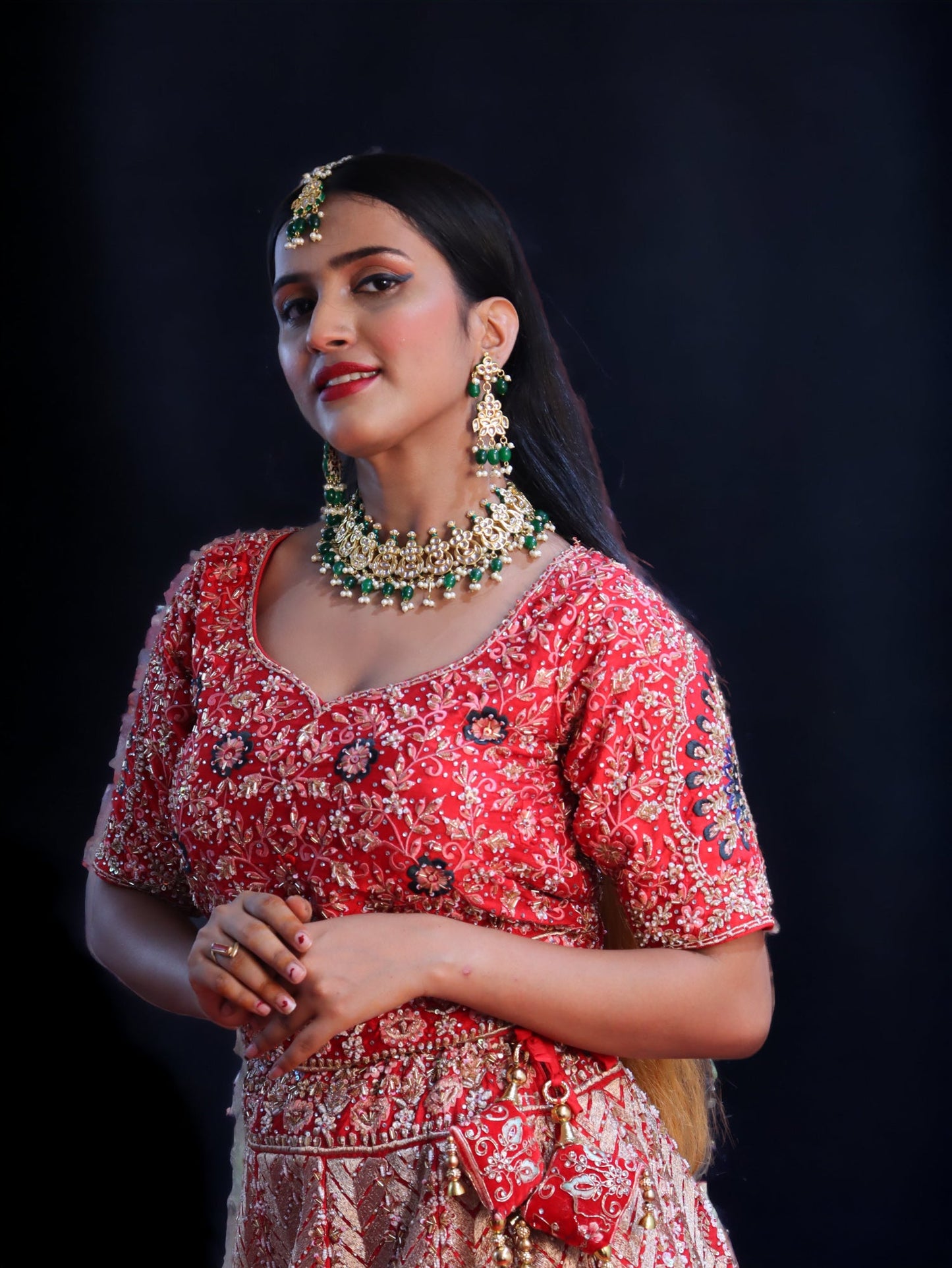 Red Raw Silk Hand Embroidered Crystal Zircon Bridal Lehenga