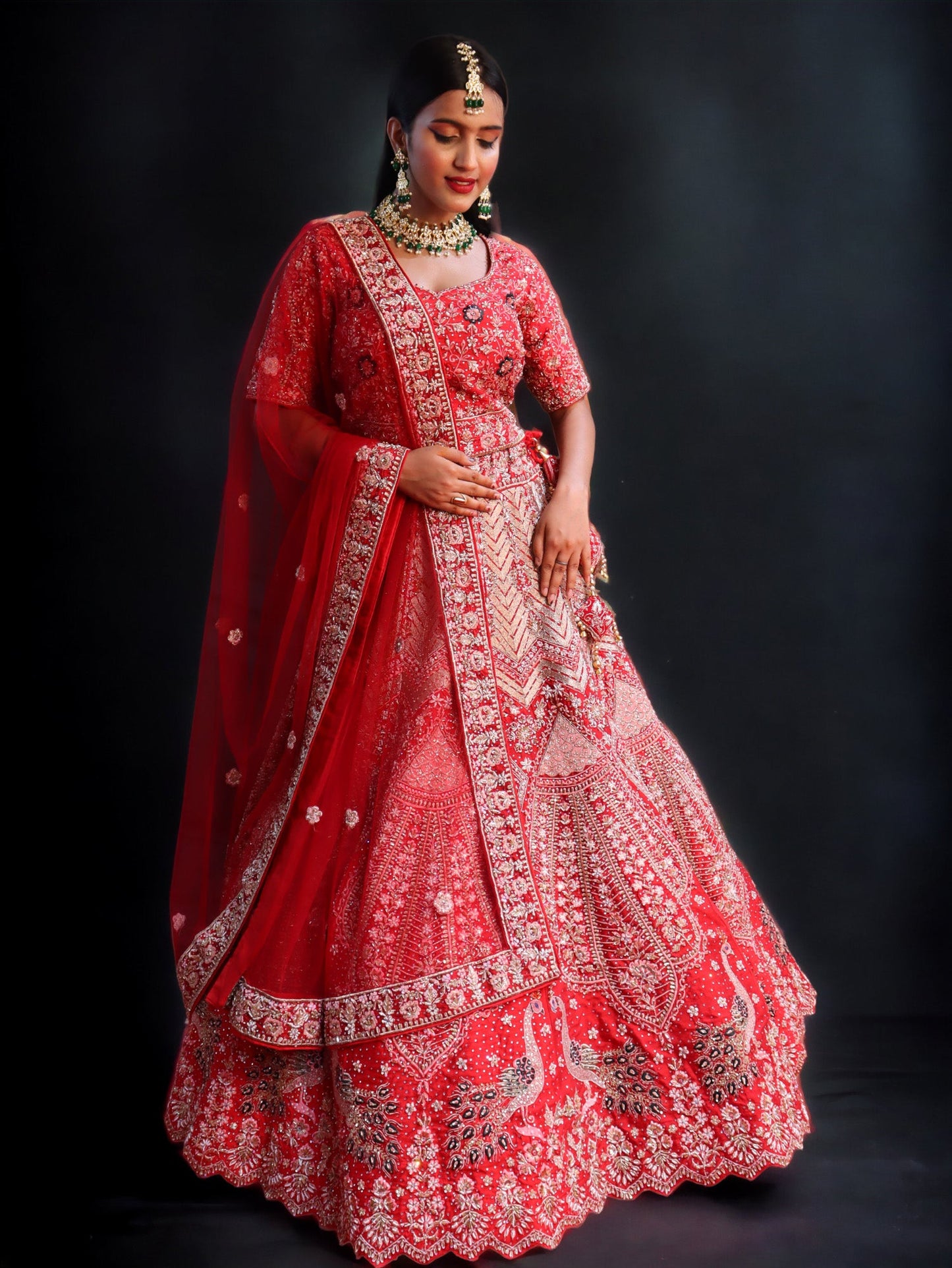 Red Raw Silk Hand Embroidered Crystal Zircon Bridal Lehenga