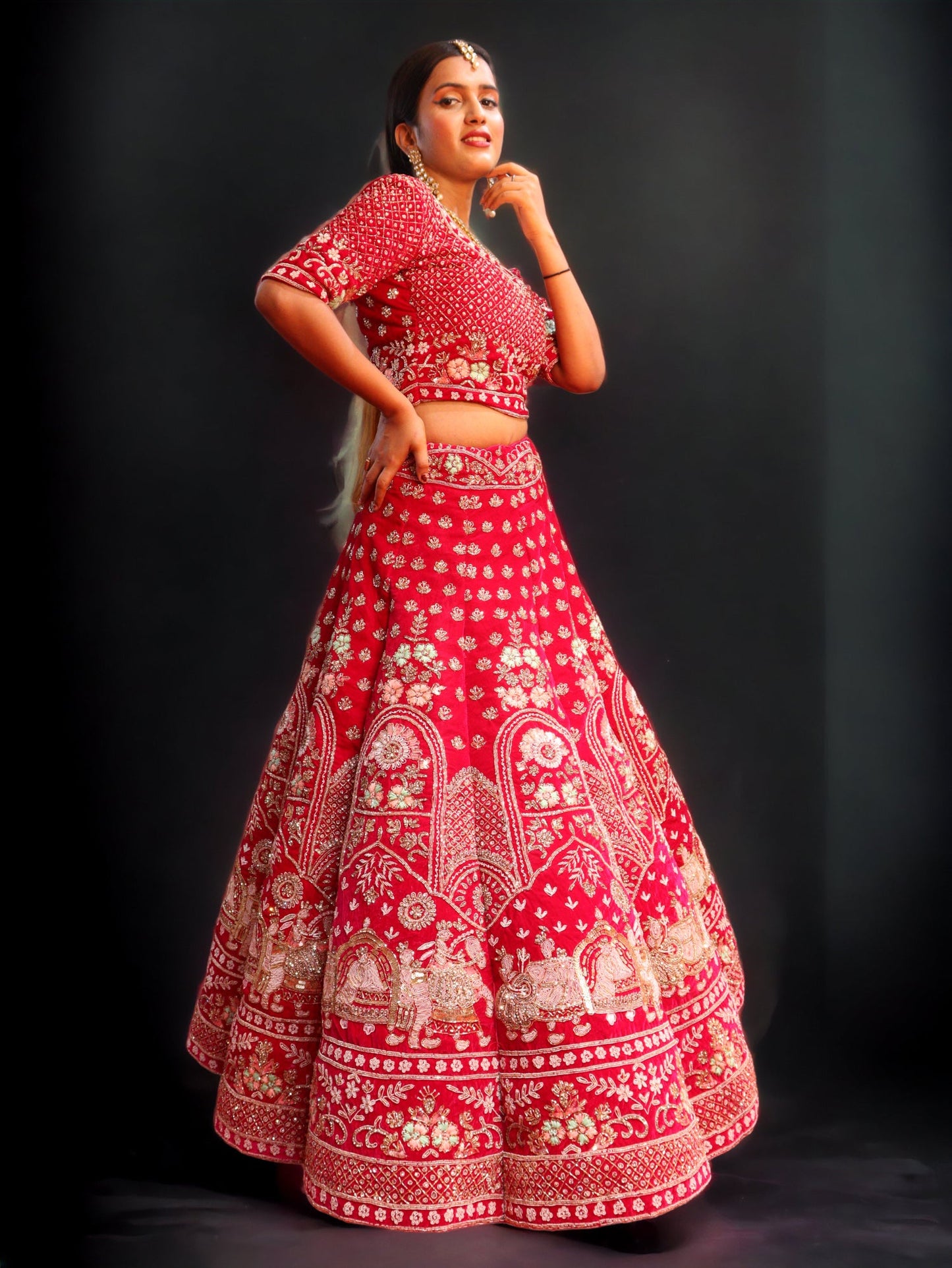 Red Raw Silk Hand Embroidered Doli Baarat Bridal Lehenga