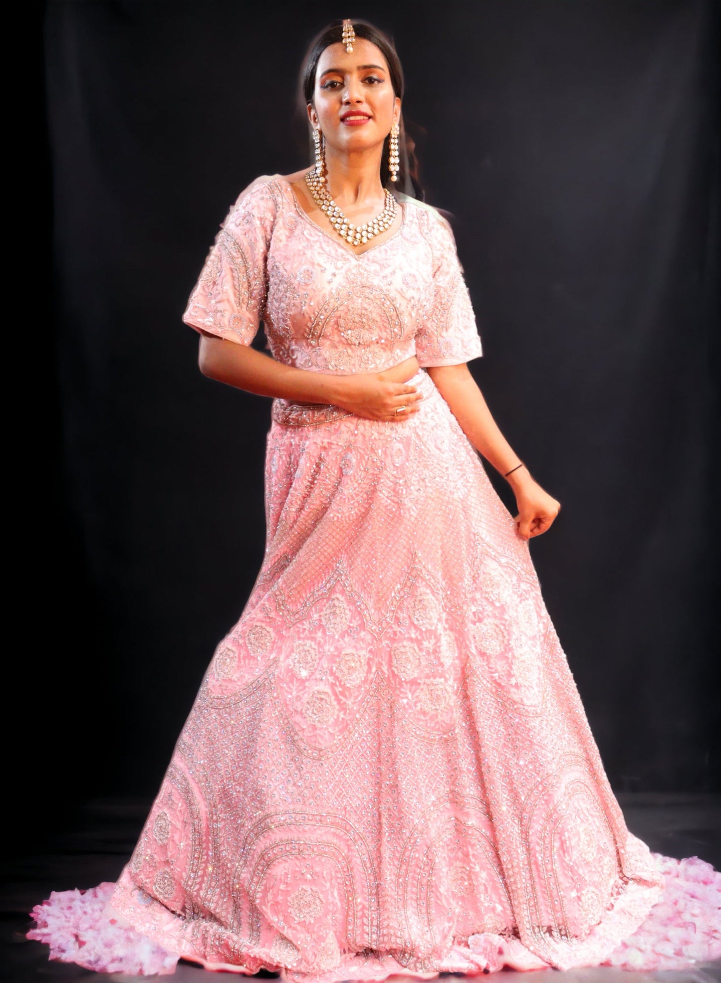 Baby Pink Raw Silk Hand Embroidered Pearl Sequence Bridal Lehenga